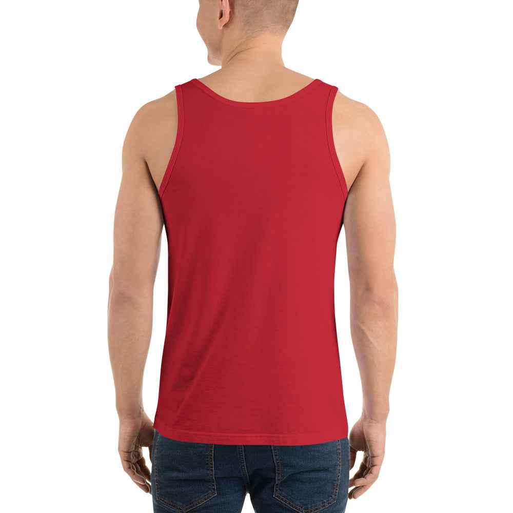 Unisex tank top in red, solid fabric back view with wide shoulder straps