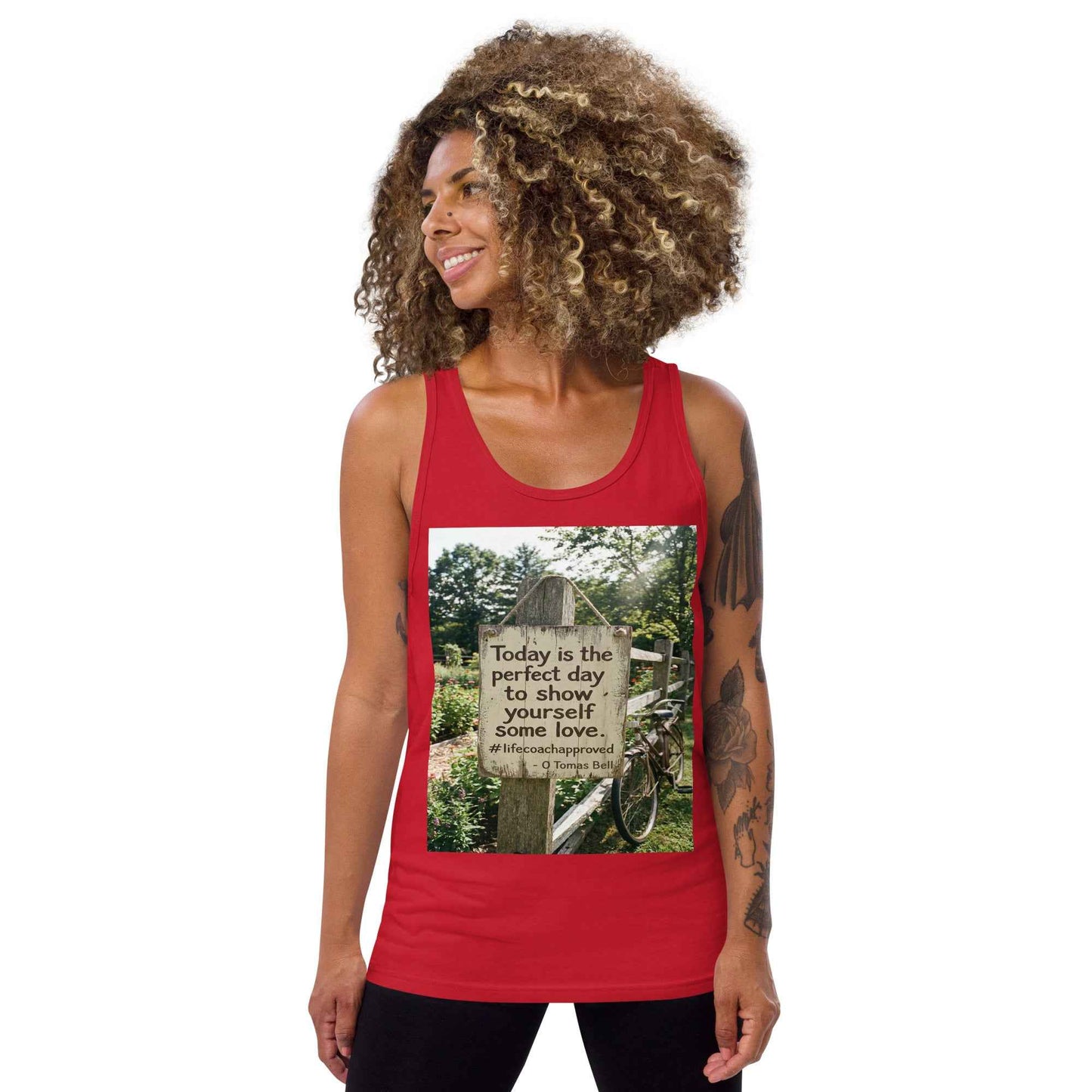 Unisex tank top, red, sleeveless scoop neck, front photo graphic print