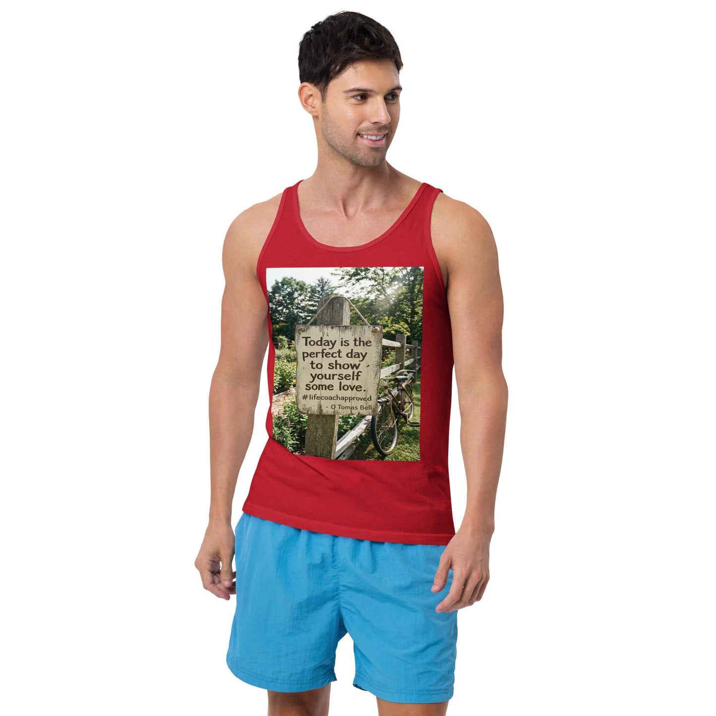 Red unisex tank top with scoop neck and front graphic square print.