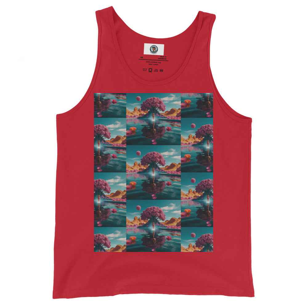 Unisex tank top in red with large square scenic graphic print at center front