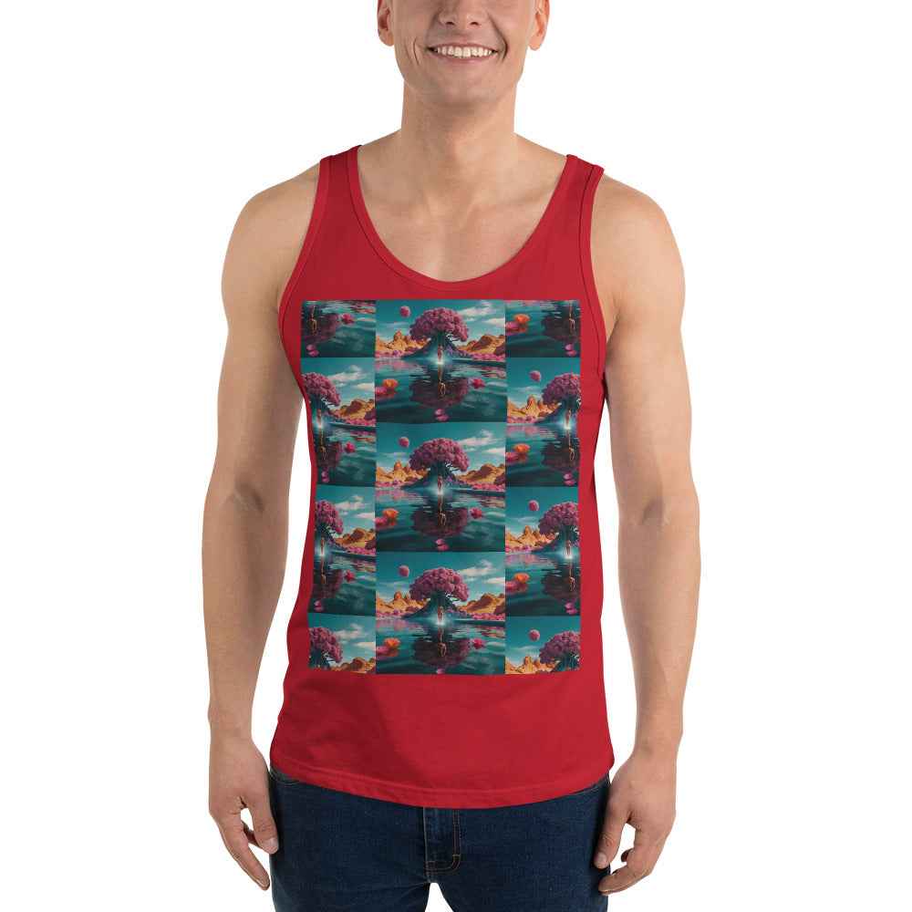Unisex tank top, red, sleeveless scoop neck with colorful front photo graphic