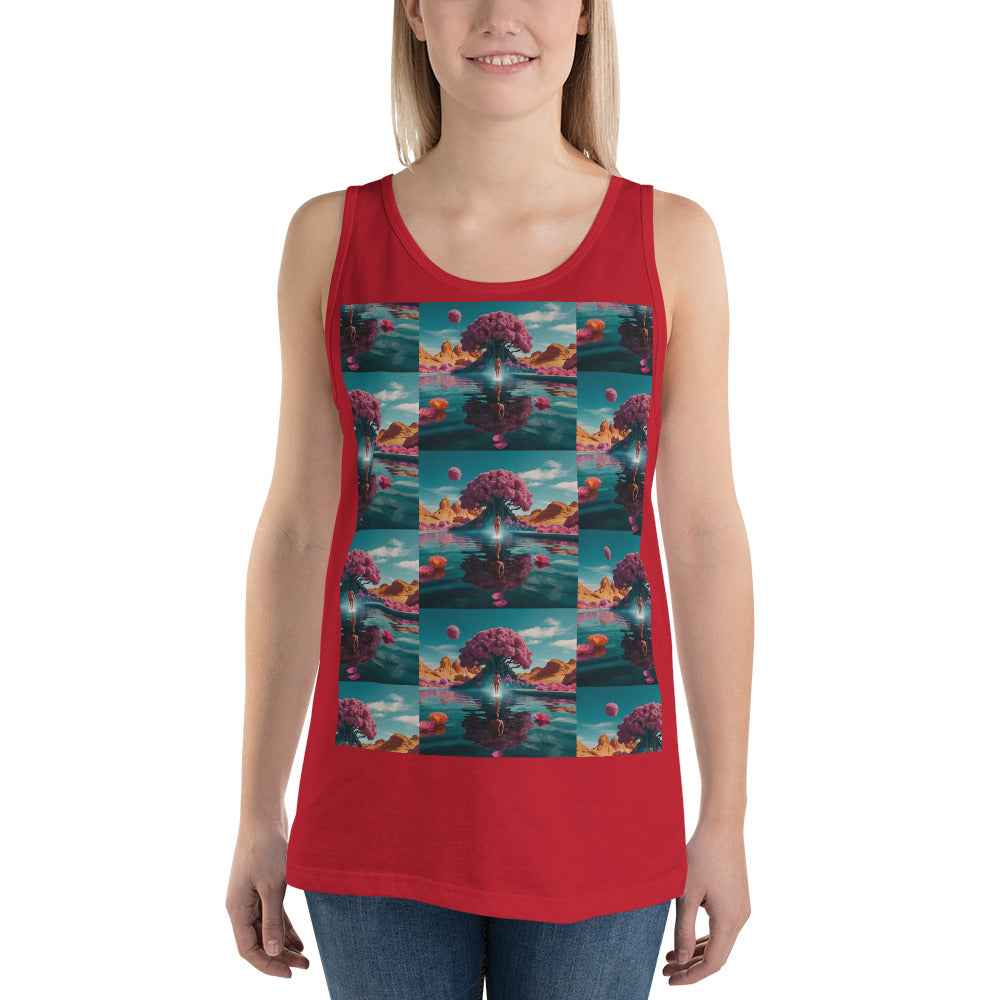 Unisex tank top in red with colorful square graphic on front, wide shoulder straps