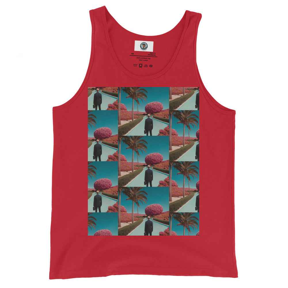 Red unisex tank top with colorful collage print on front