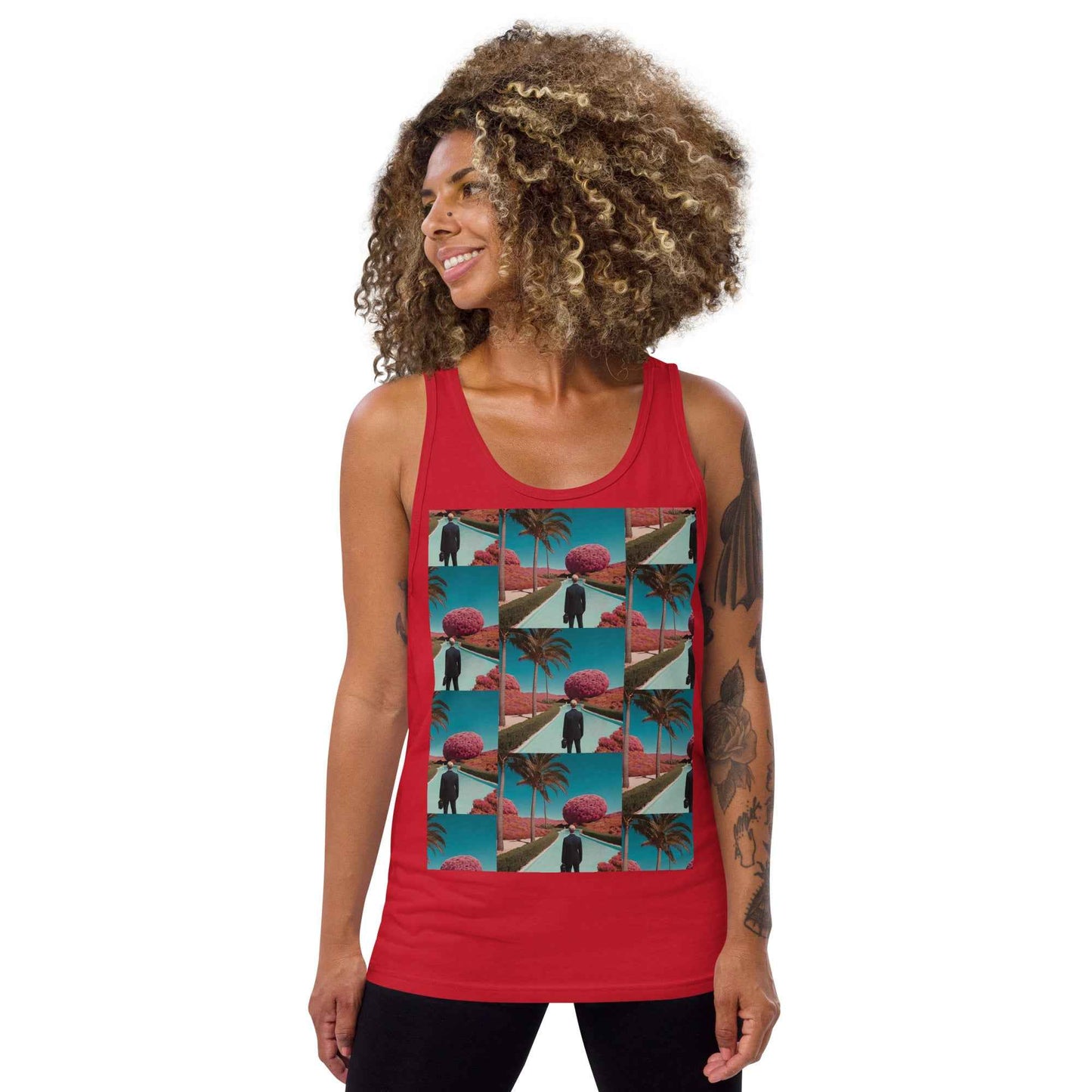 Unisex tank top, red sleeveless with multicolor photo graphic front