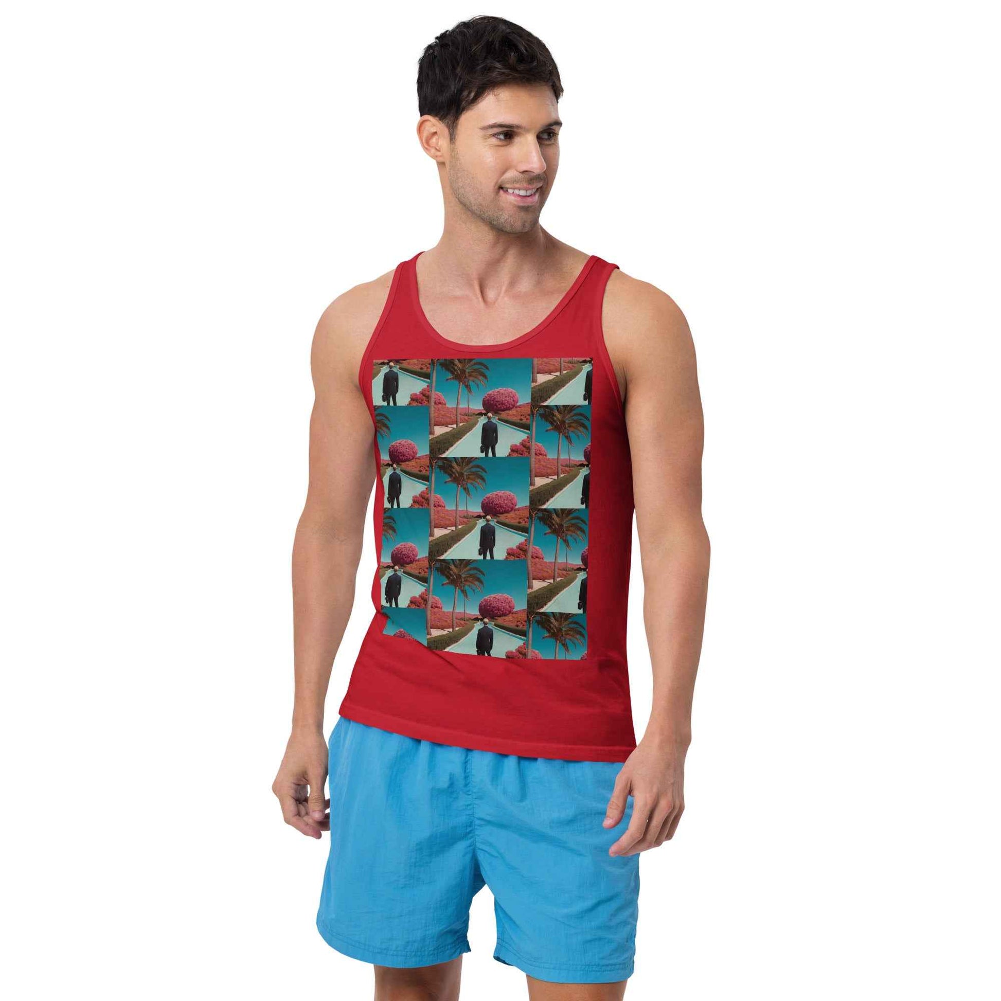 Unisex tank top, red, graphic photo collage print on front, sleeveless scoop neck.