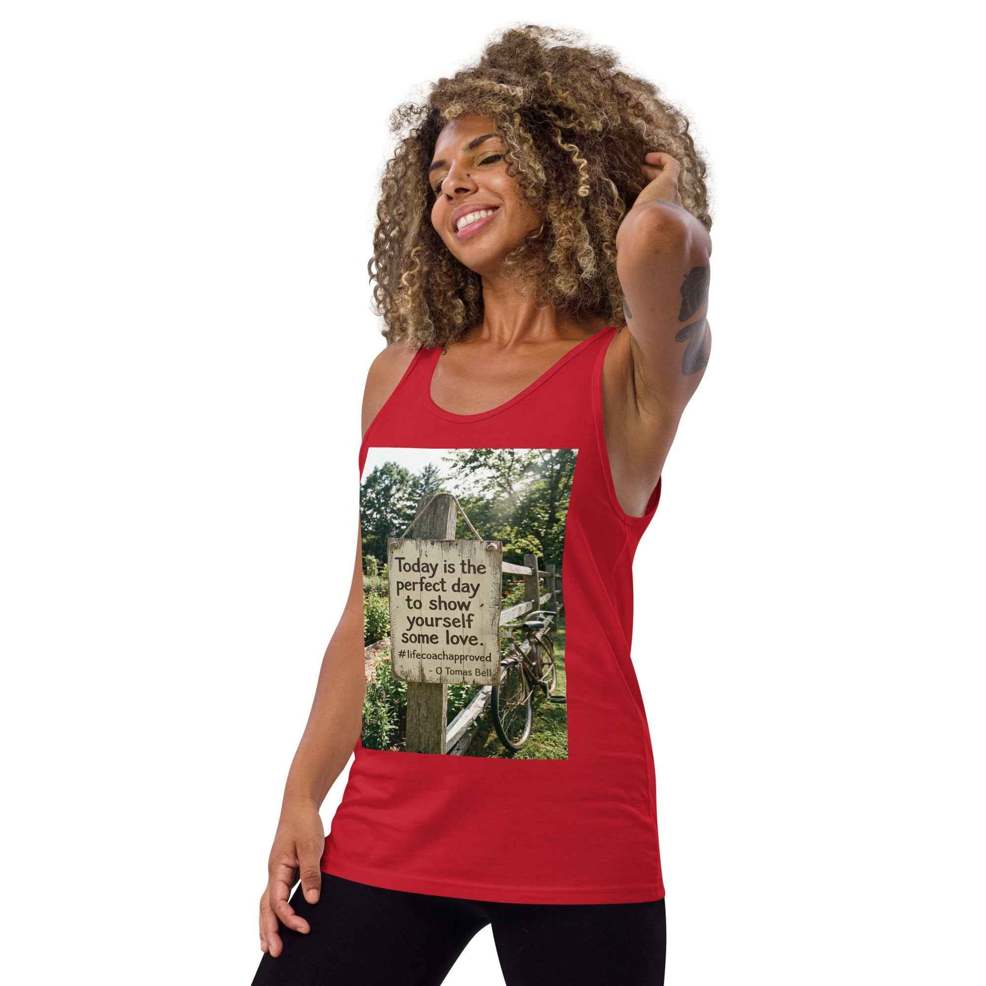 Red unisex tank top with front inspirational quote graphic print