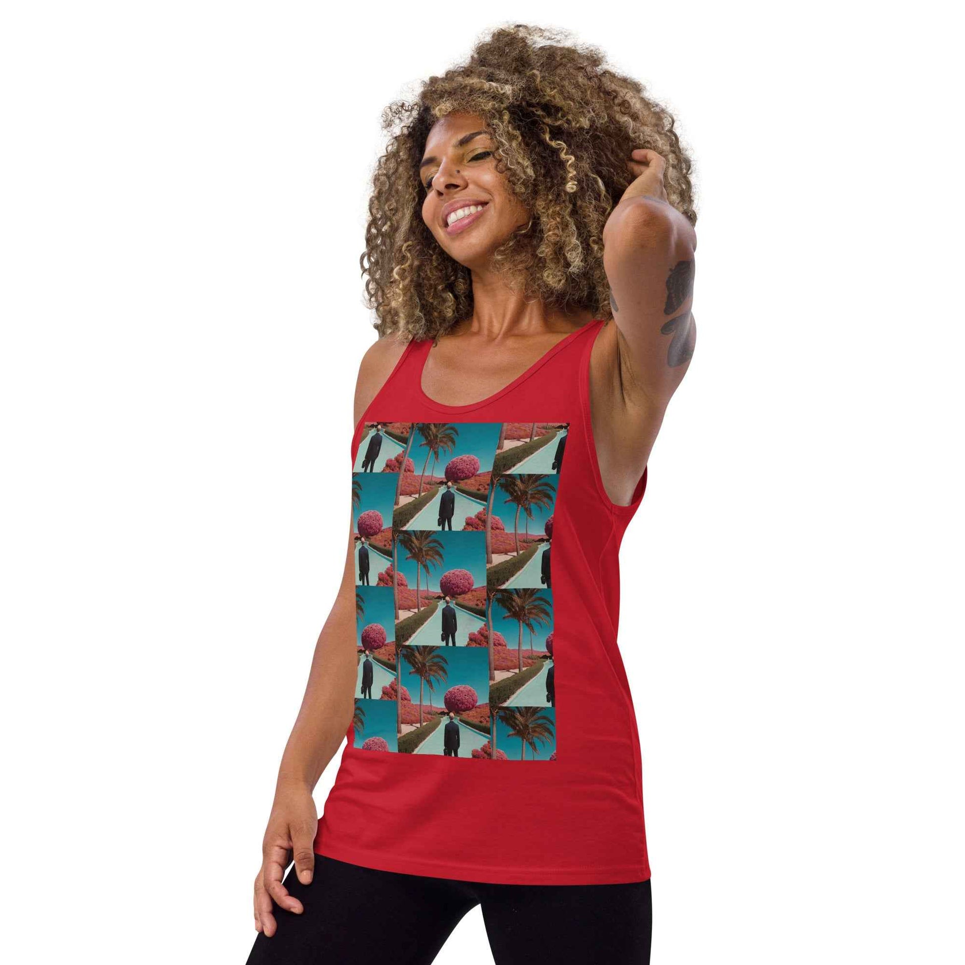 Unisex tank top, red, sleeveless crew neck with colorful front photo collage print.