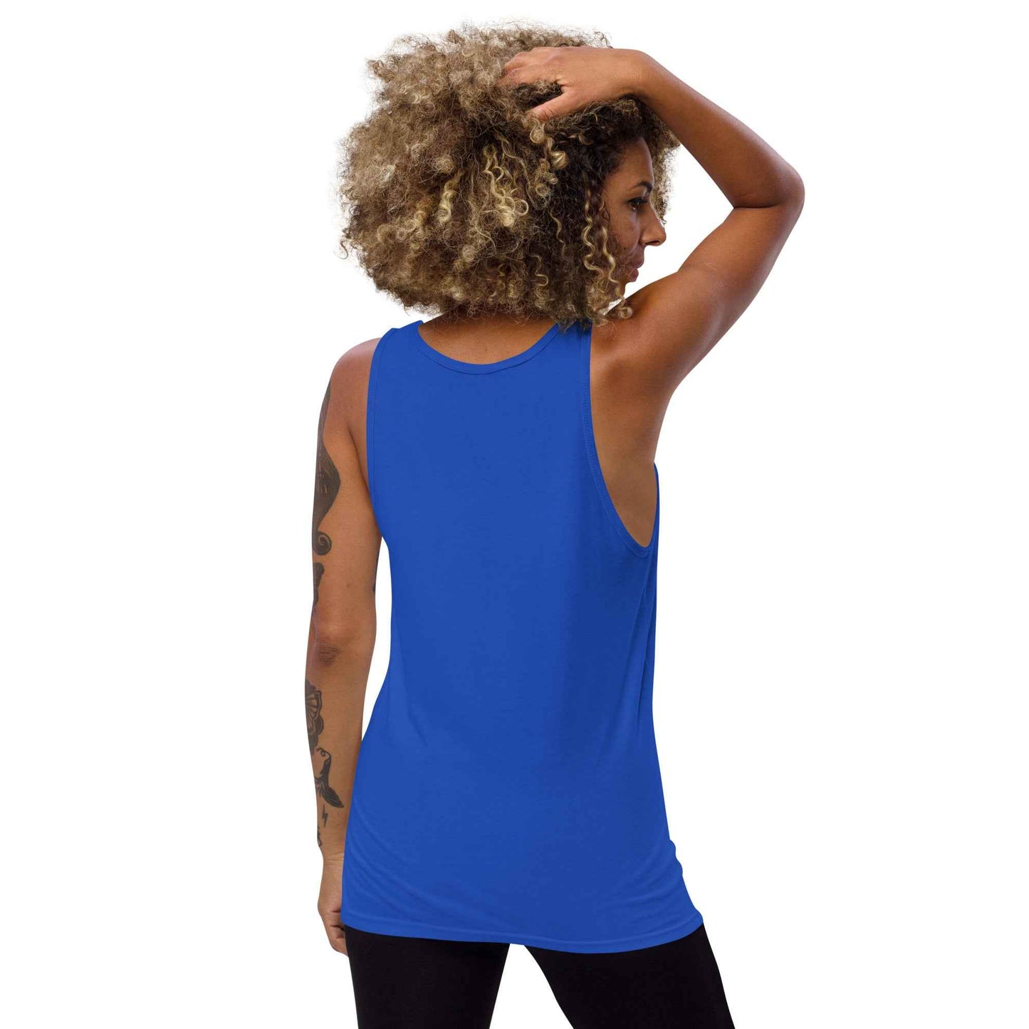 True royal blue unisex tank top with scoop neck and racerback