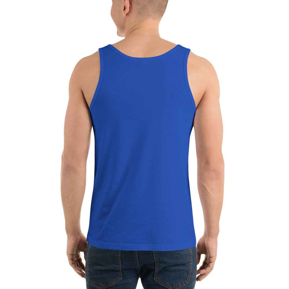 Unisex tank top in true royal blue, solid fabric back view with wide shoulder straps