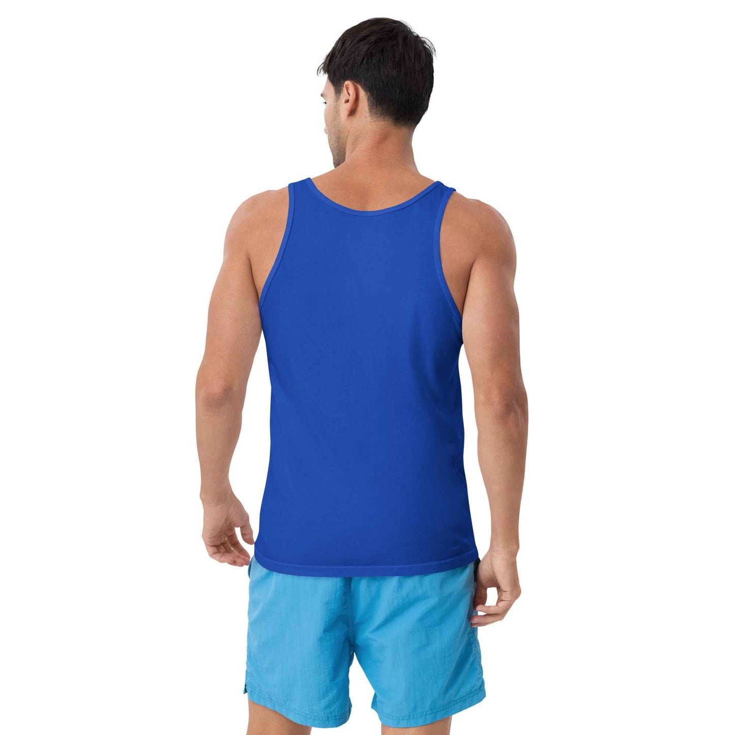 Unisex tank top, blue sleeveless with rounded neck