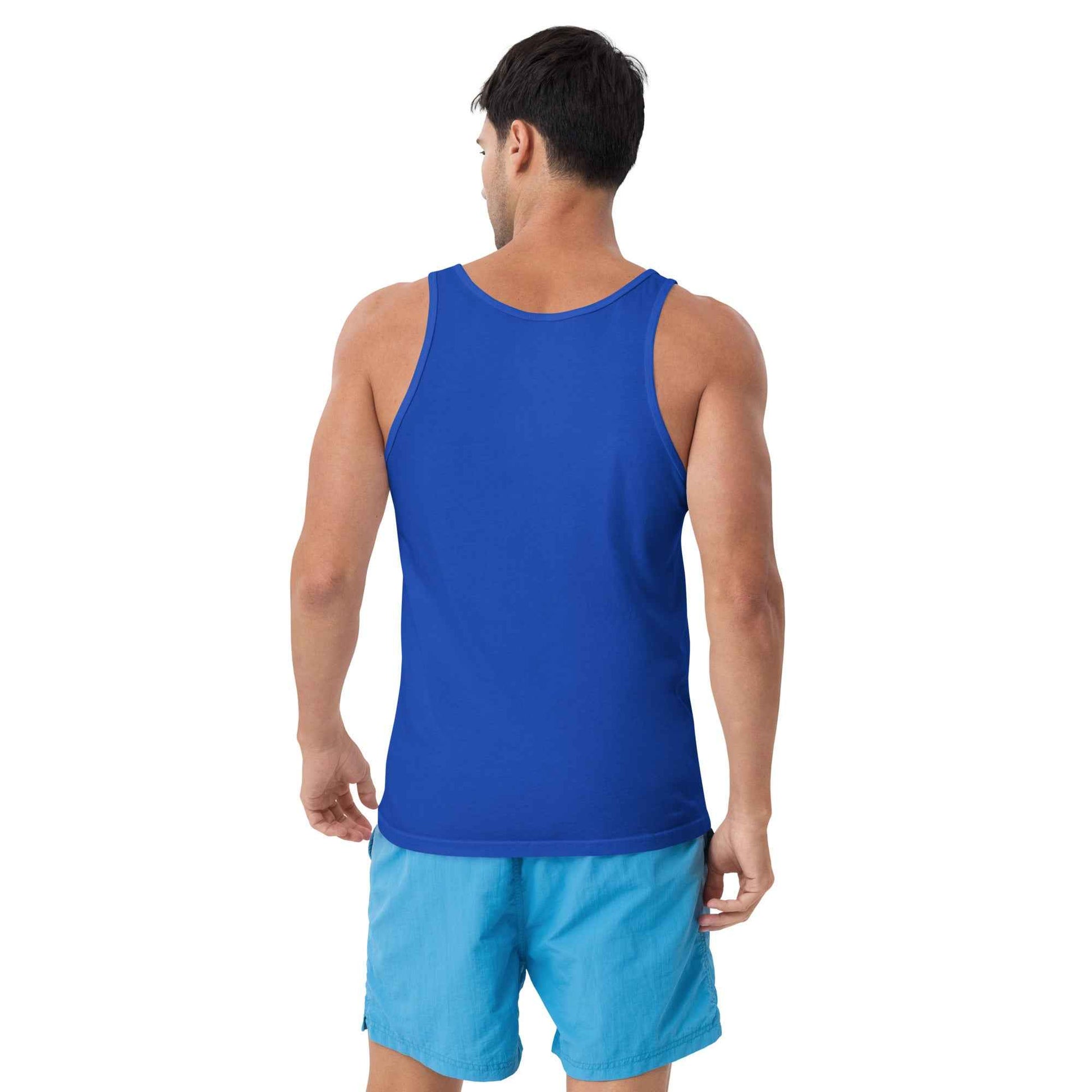 Unisex tank top, blue sleeveless with rounded neck