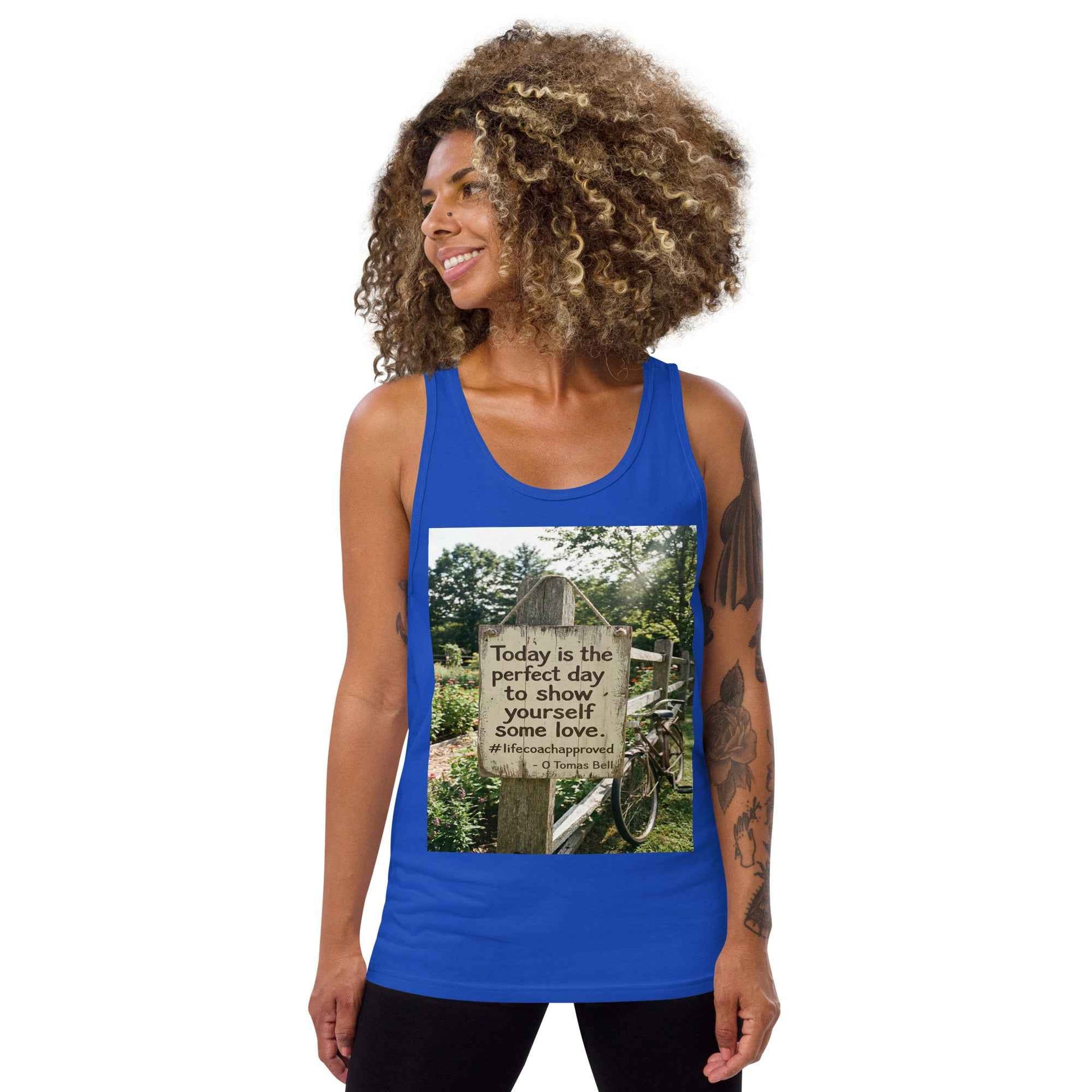 Unisex tank top, royal blue, sleeveless scoop neck, front photo graphic print