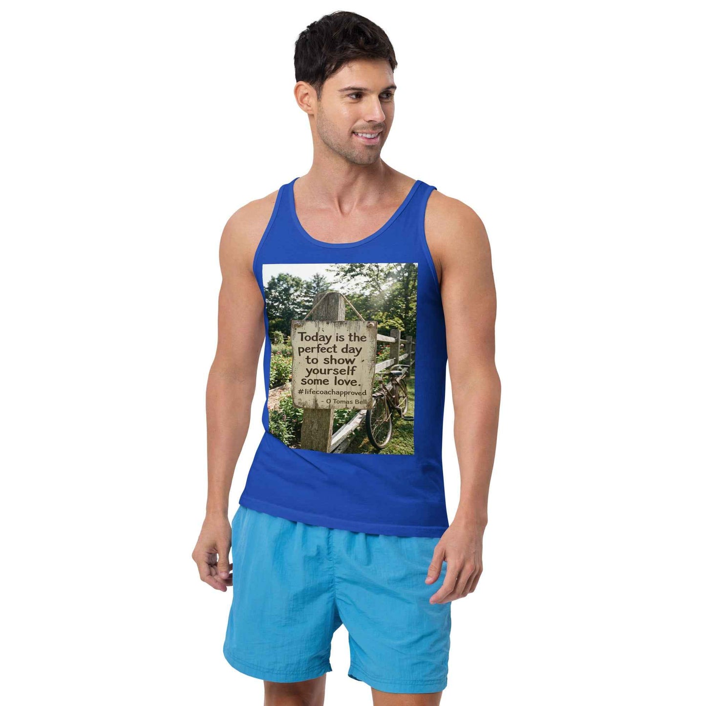 True royal unisex tank top with scoop neck and front graphic square print.