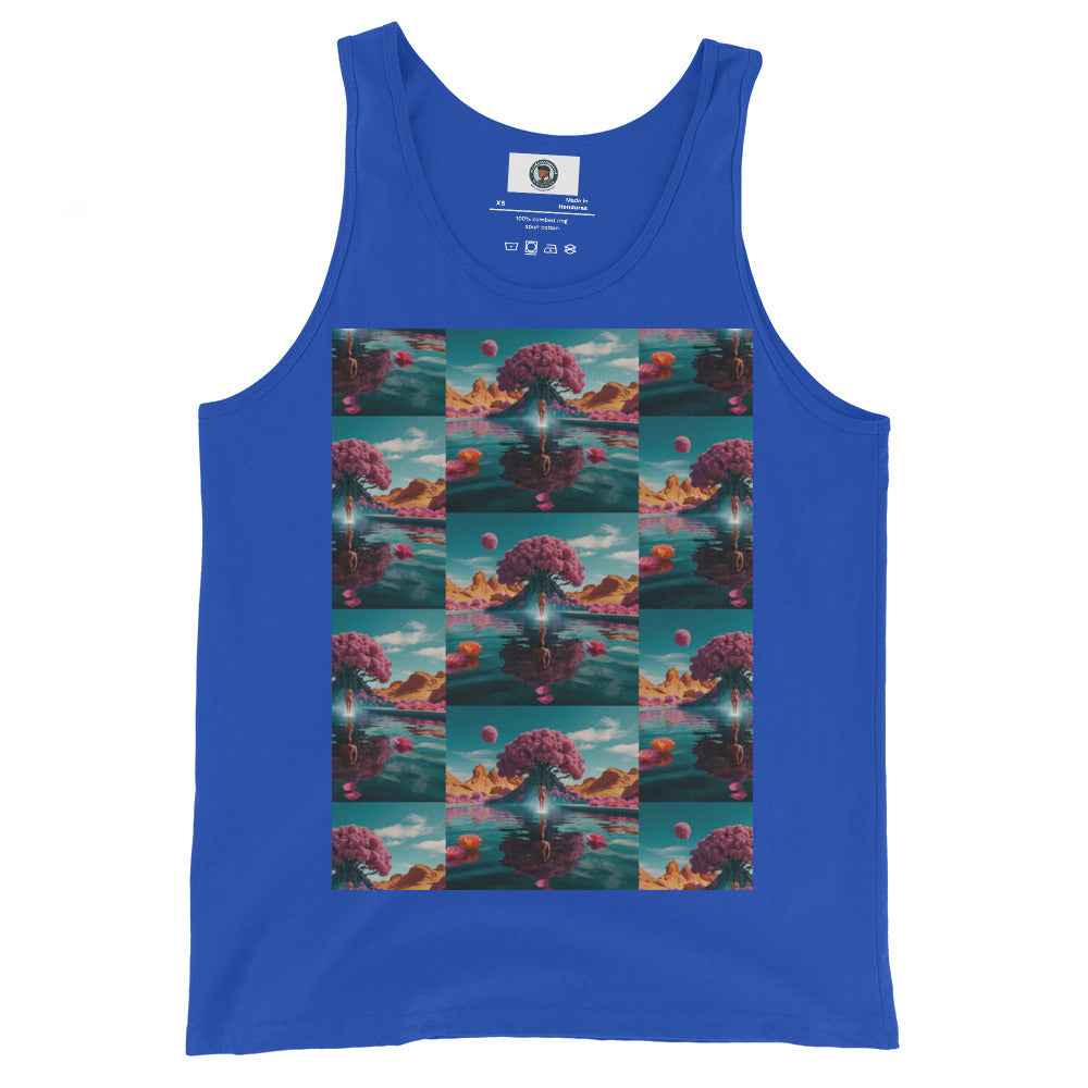 Unisex tank top in True Royal blue with large square scenic graphic print at center front