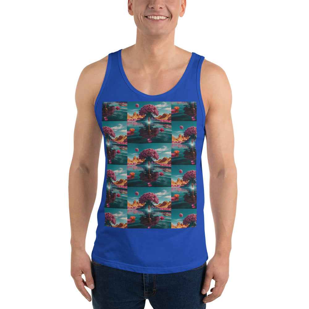 Unisex tank top, true royal blue, sleeveless scoop neck with colorful front photo graphic