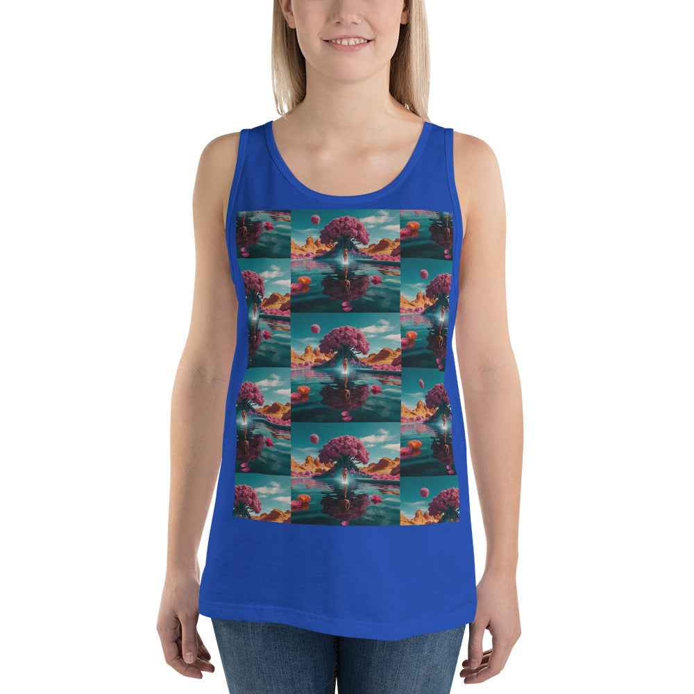 Unisex tank top in true royal blue with colorful square graphic on front, wide shoulder straps