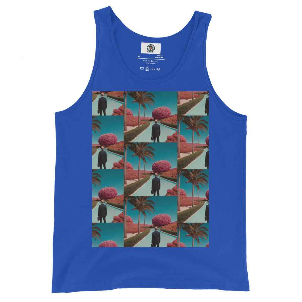 True royal unisex tank top with colorful collage print on front