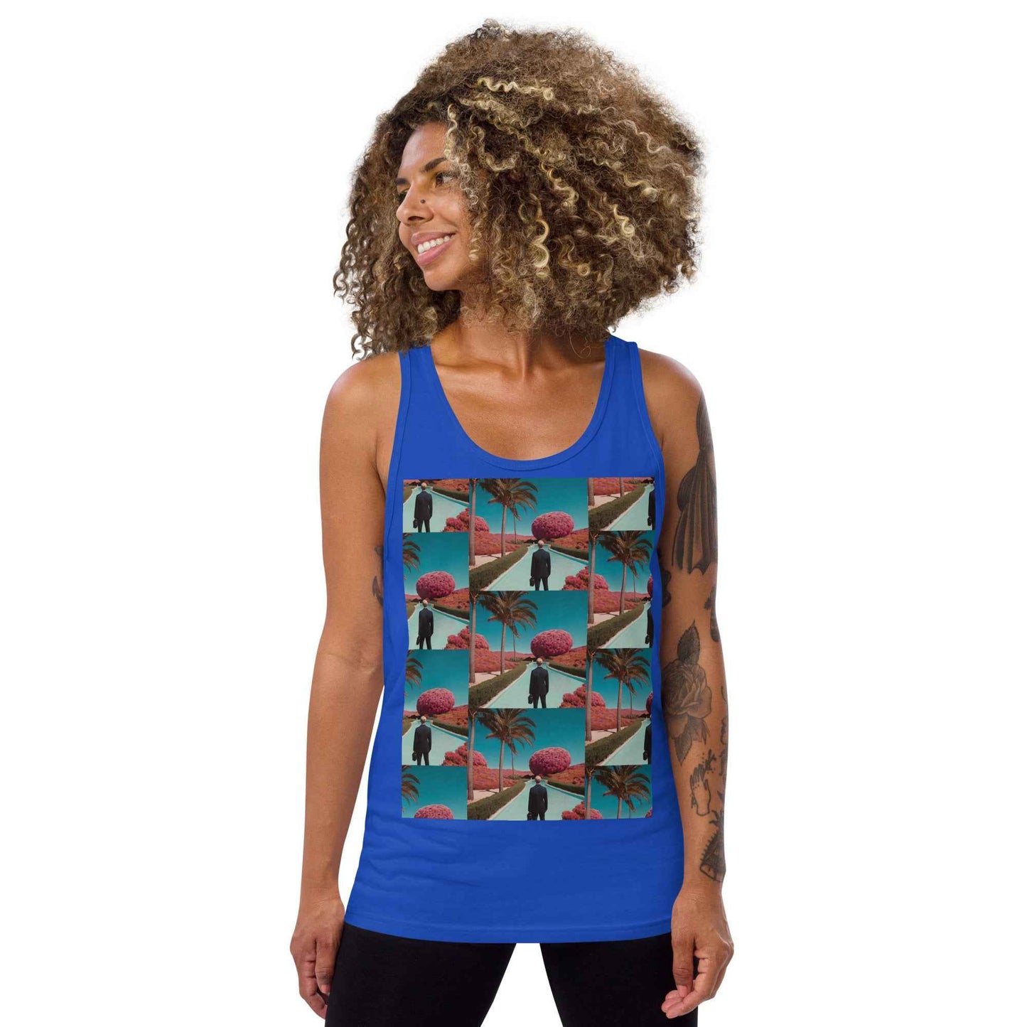 Unisex tank top, royal blue sleeveless with multicolor photo graphic front