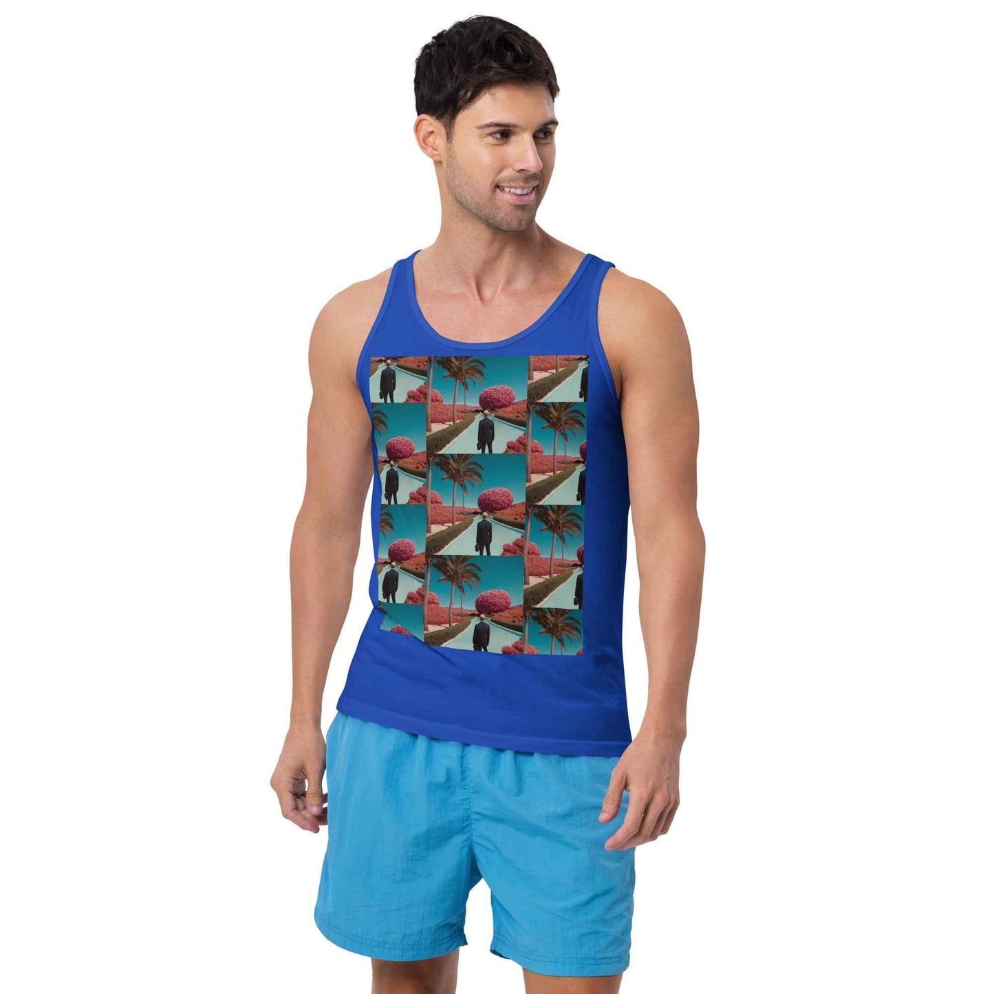 Unisex tank top, royal blue, graphic photo collage print on front, sleeveless scoop neck.