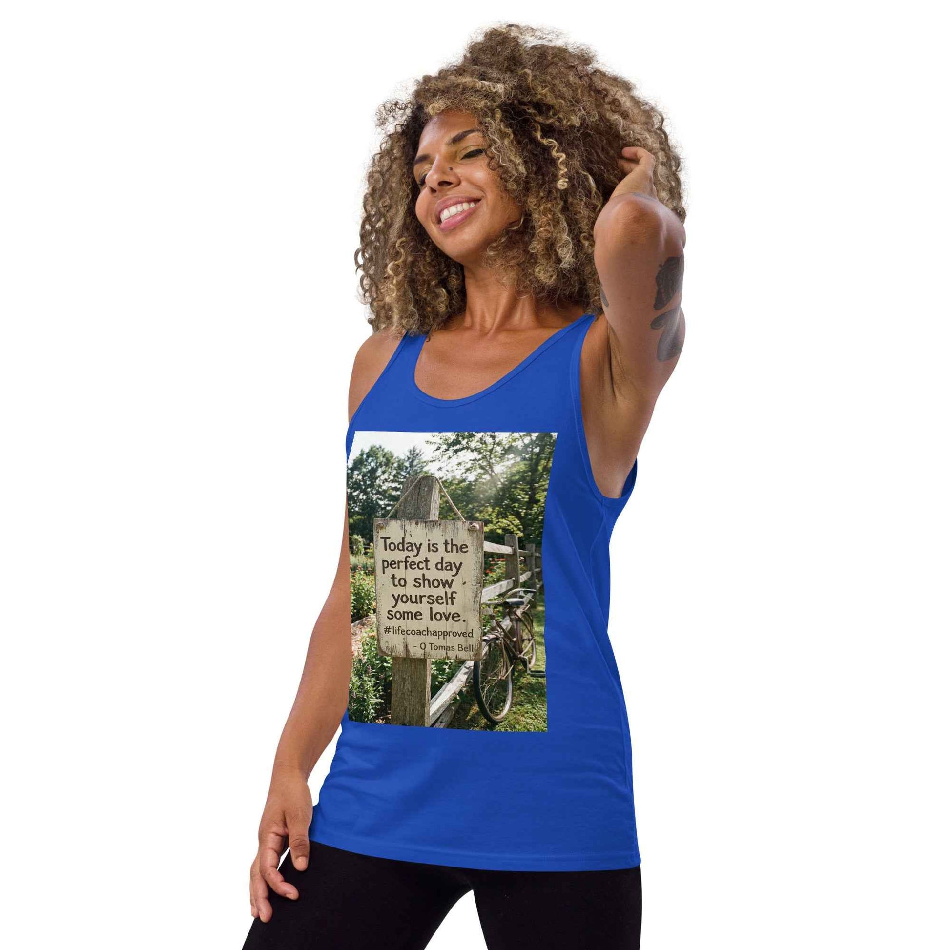 True royal blue unisex tank top with front inspirational quote graphic print