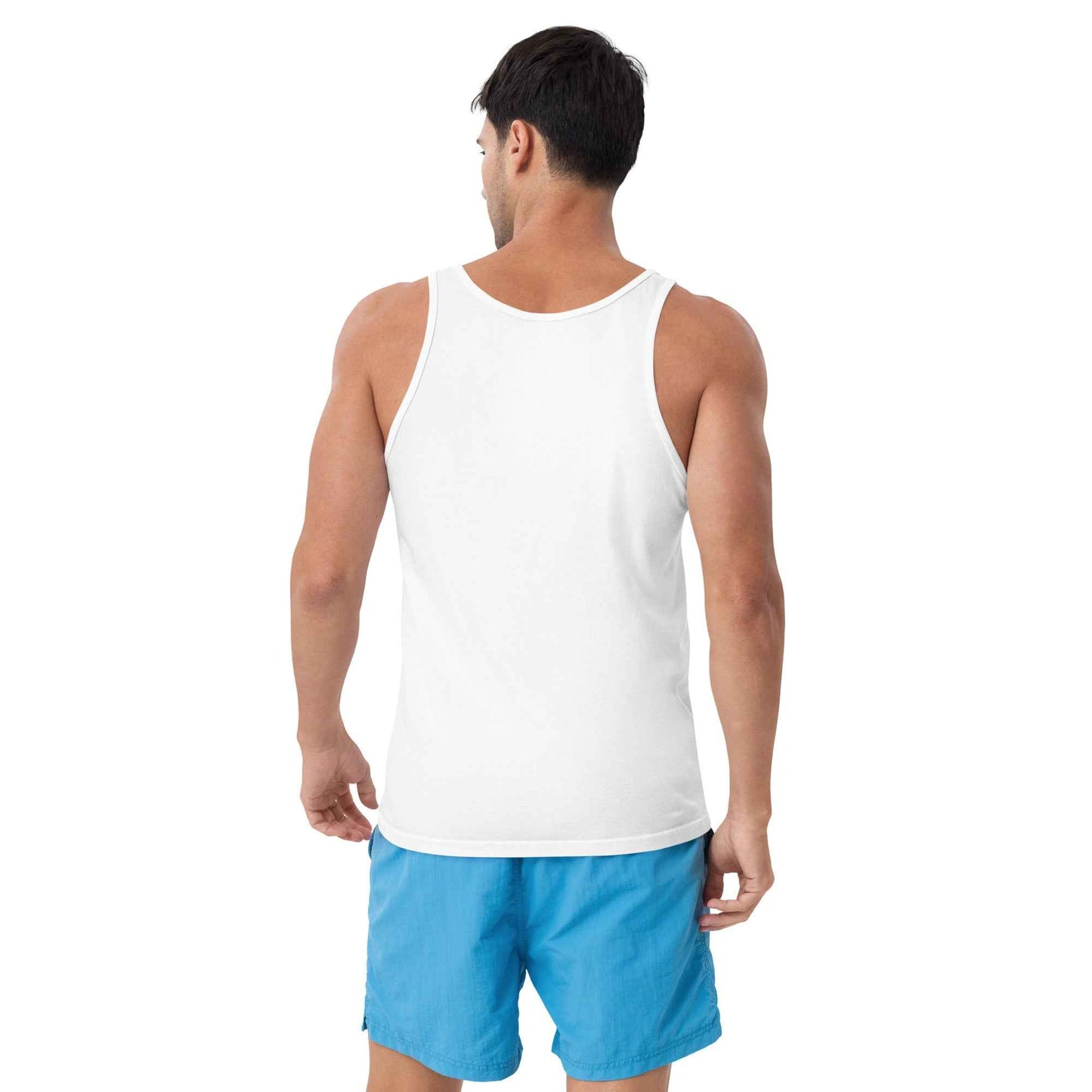 Unisex tank top, white, sleeveless crew neck, back view