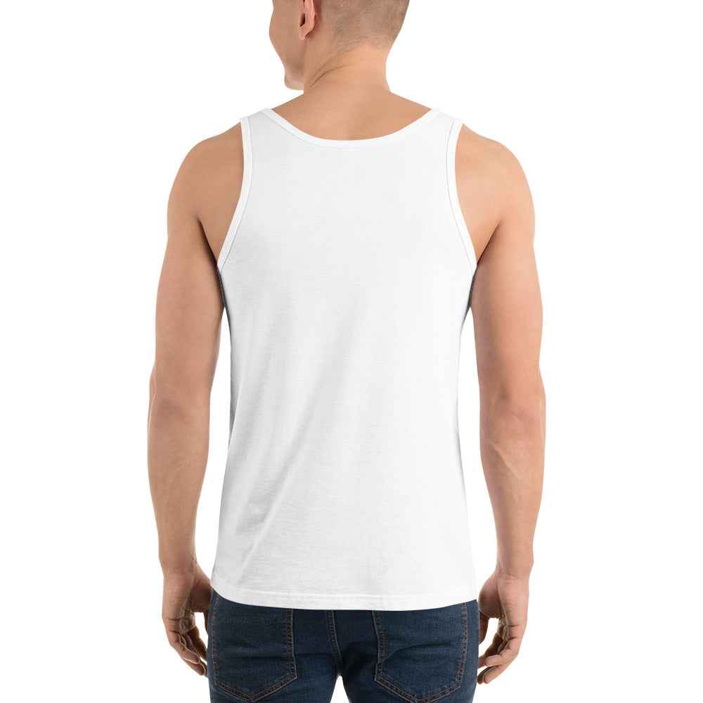 Unisex tank top in white, solid back view with wide shoulder straps
