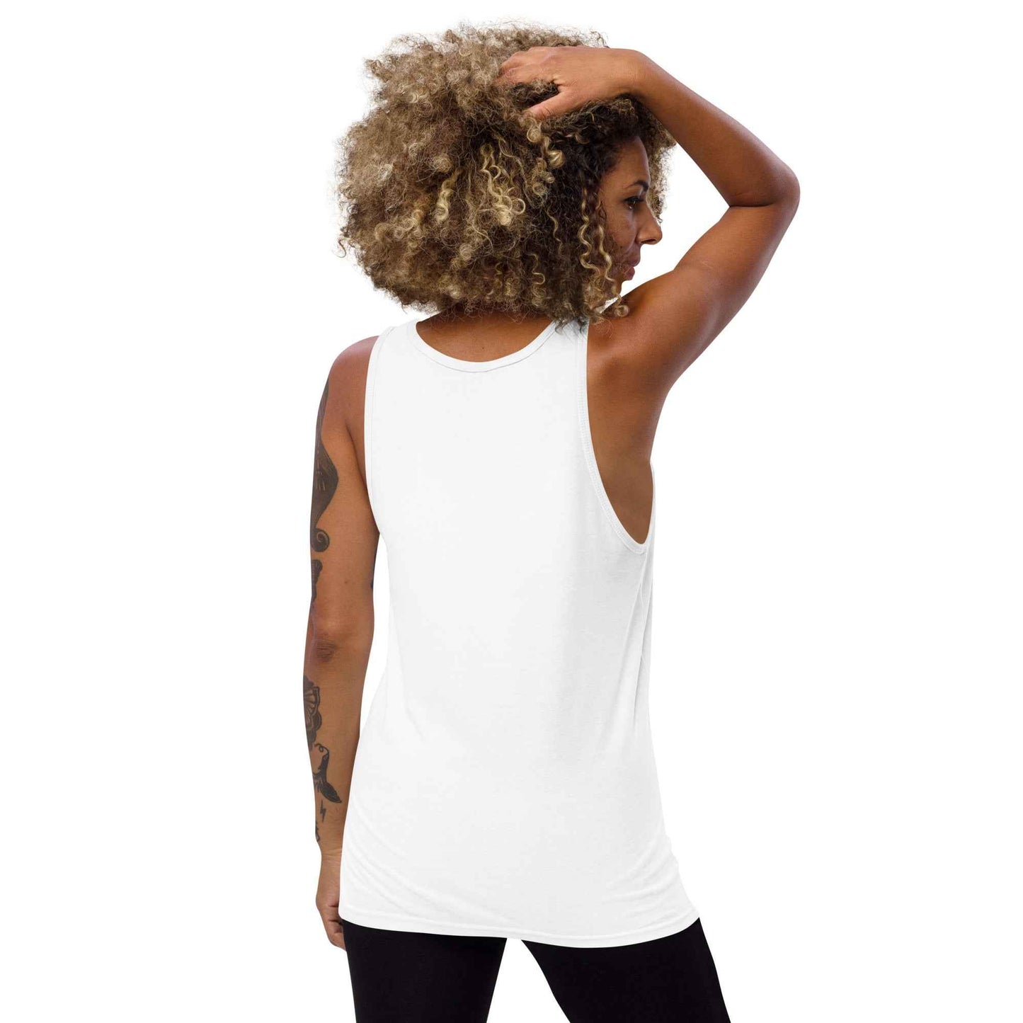 Unisex tank top, white, crew neck and sleeveless cut with straight hem.