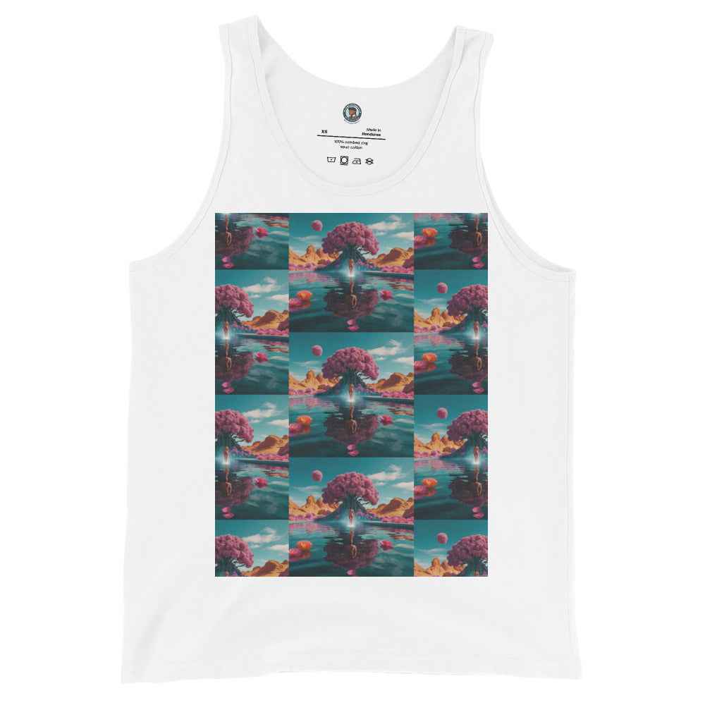 Unisex tank top in white with large square scenic graphic print at center front