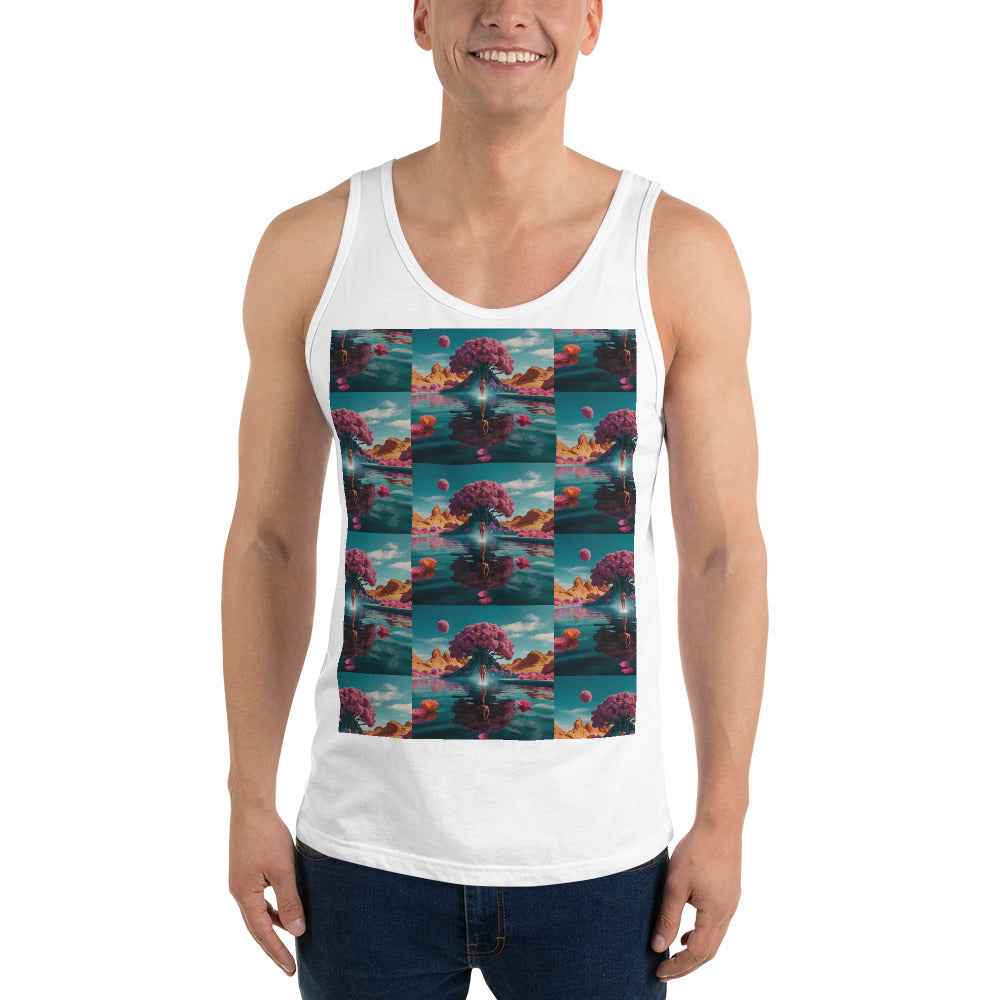 Unisex tank top, white, sleeveless scoop neck with colorful front photo graphic