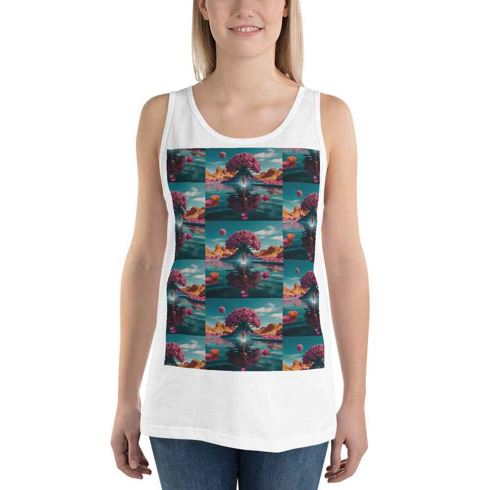 Unisex tank top in white with colorful square graphic on front, wide shoulder straps