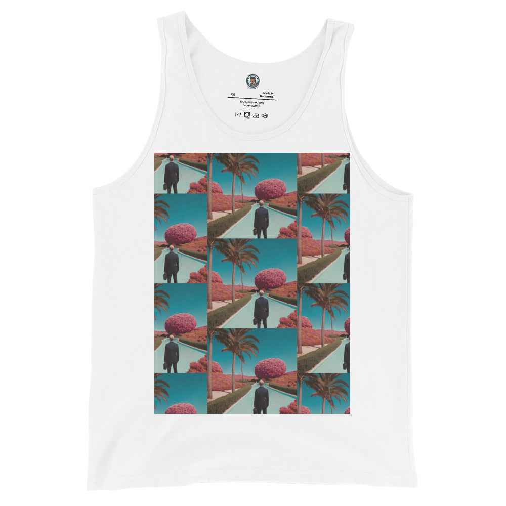 White unisex tank top with colorful collage print on front