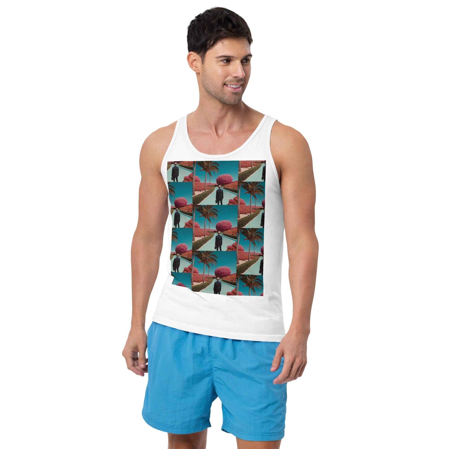 Unisex tank top, white, graphic photo collage print on front, sleeveless scoop neck.
