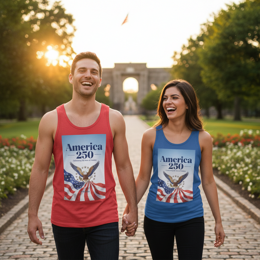 Red and blue sleeveless tank tops with America 250 graphic, worn outdoors