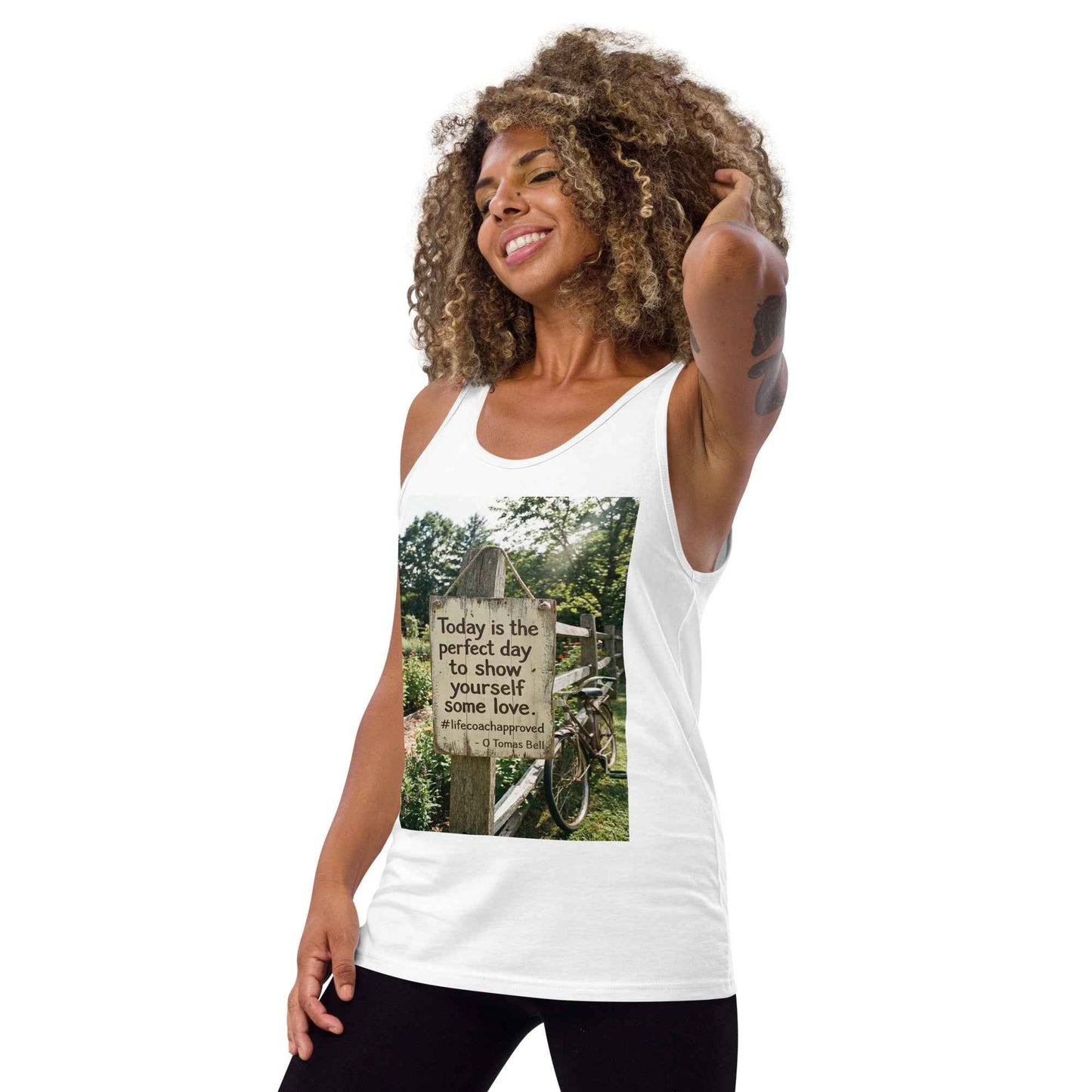White unisex tank top with scoop neck and front graphic square print.