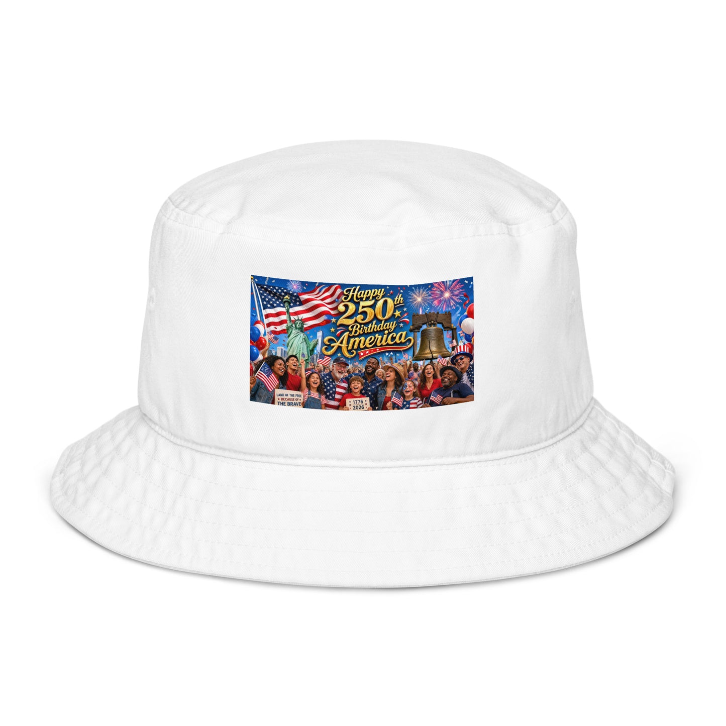 White organic bucket hat with patriotic “250th Birthday America” graphic patch on front