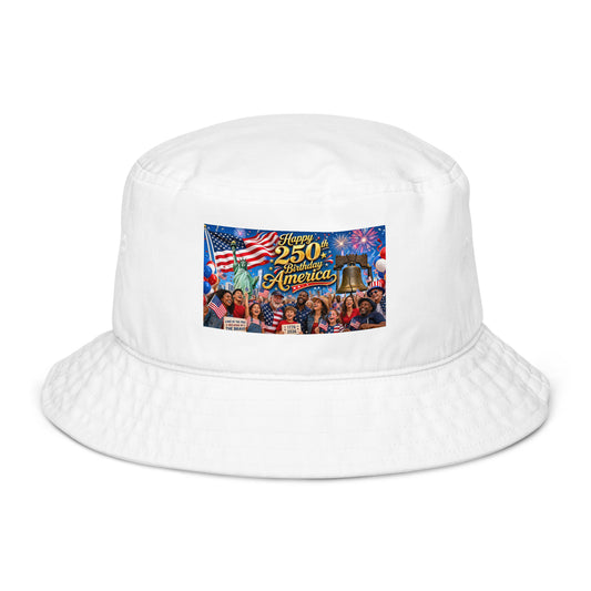 White organic bucket hat with patriotic “250th Birthday America” graphic patch on front