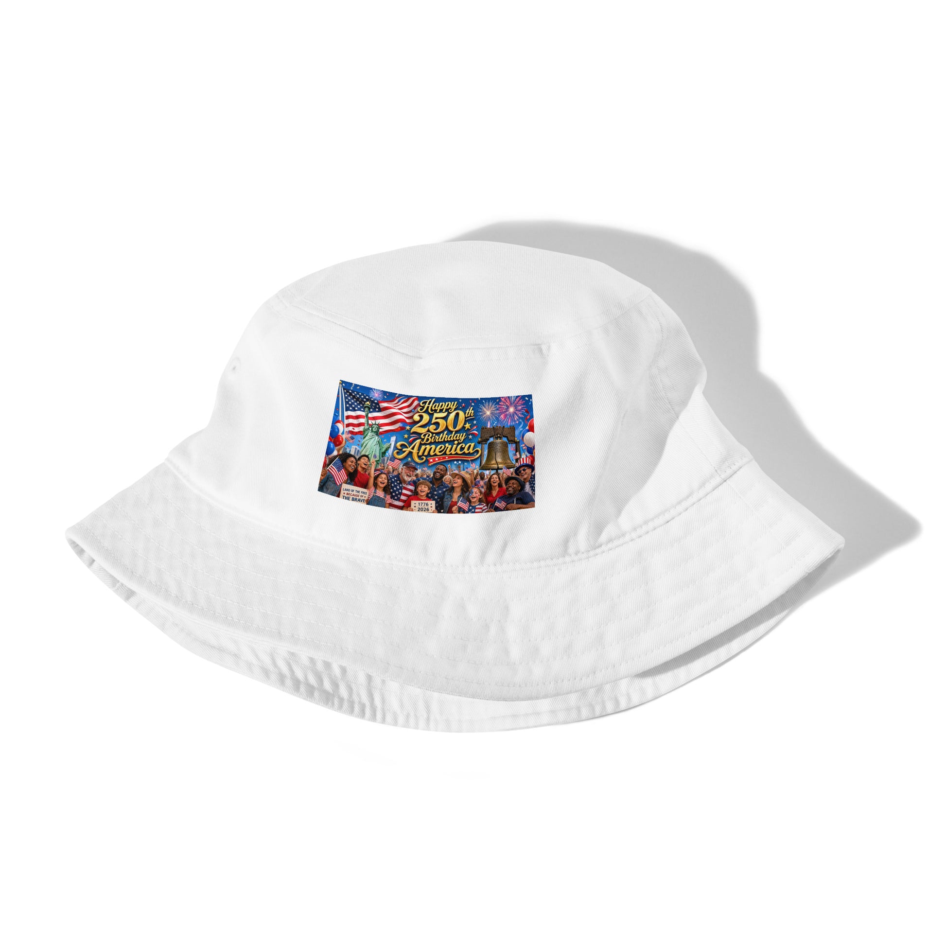 White organic bucket hat with front patriotic “250th Birthday America” graphic patch