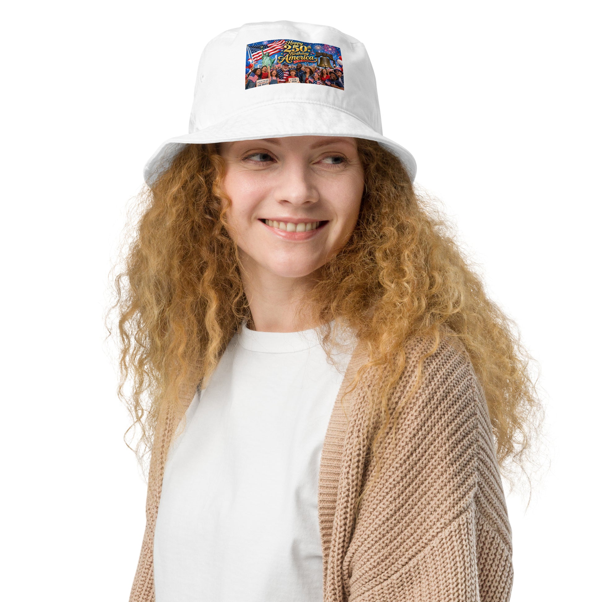 White organic bucket hat with “250th Birthday America” patriotic graphic patch
