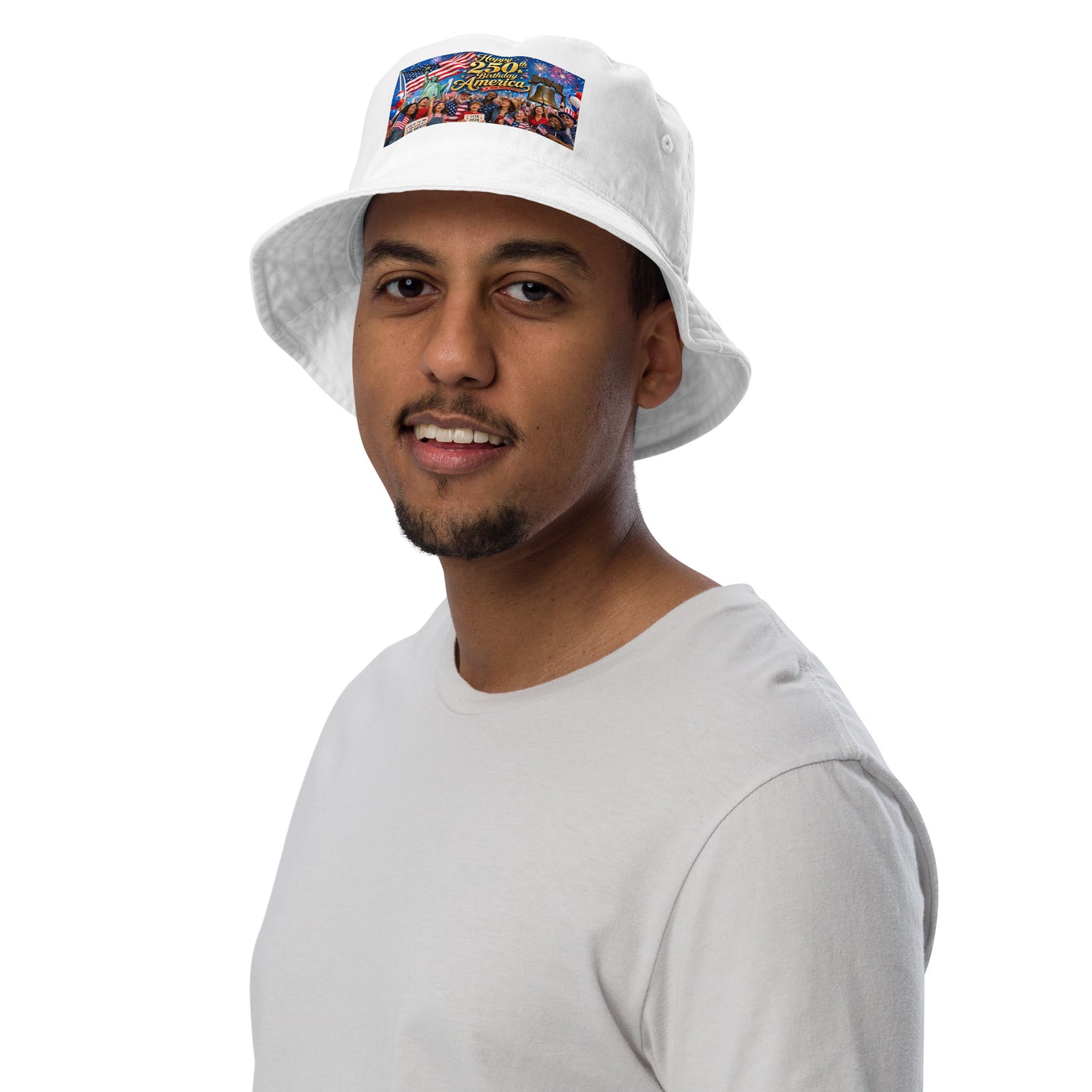 White organic bucket hat with “250th Birthday America” patriotic graphic patch at crown