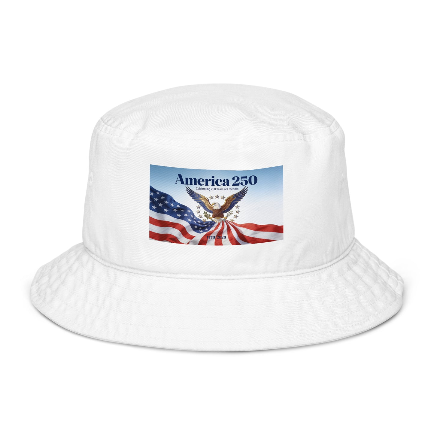 White bucket hat with America-themed embroidered patch on front panel.