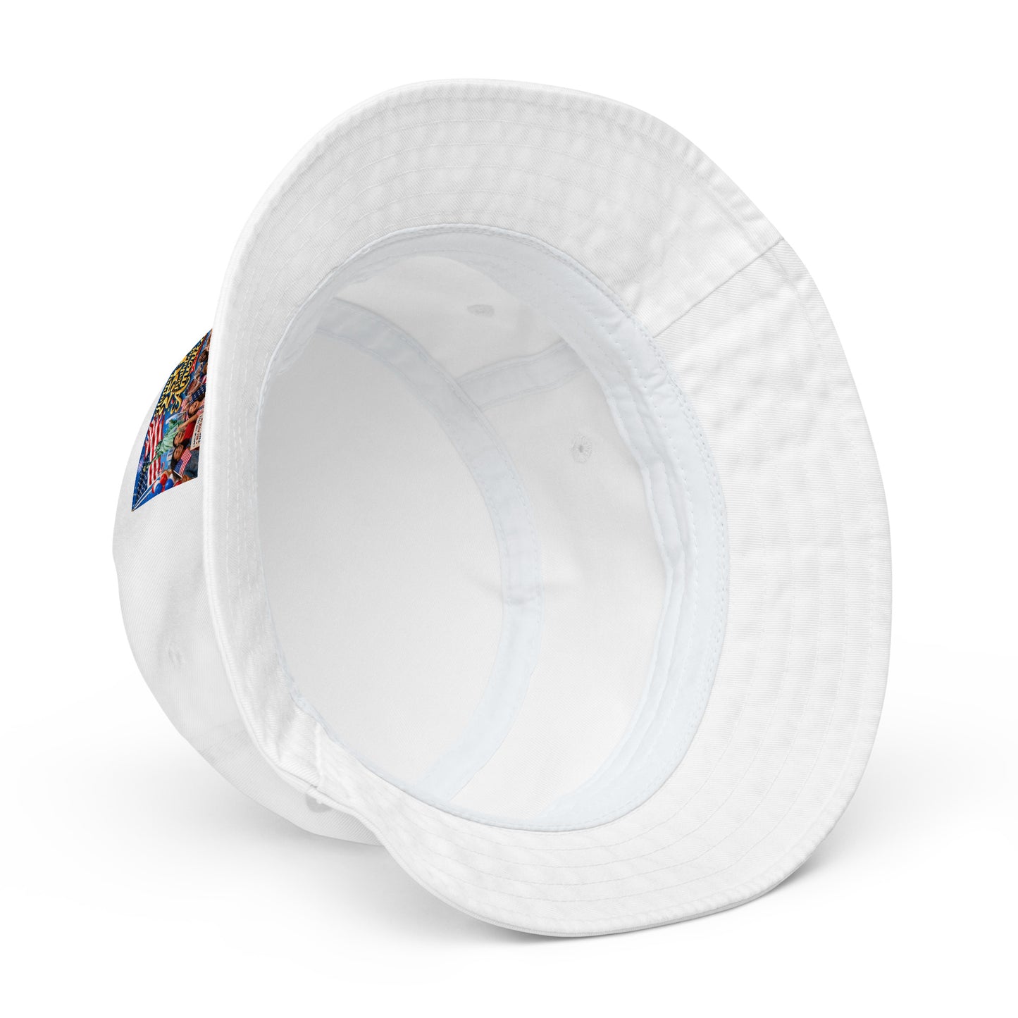 White organic bucket hat back view with curved brim and interior seam detail