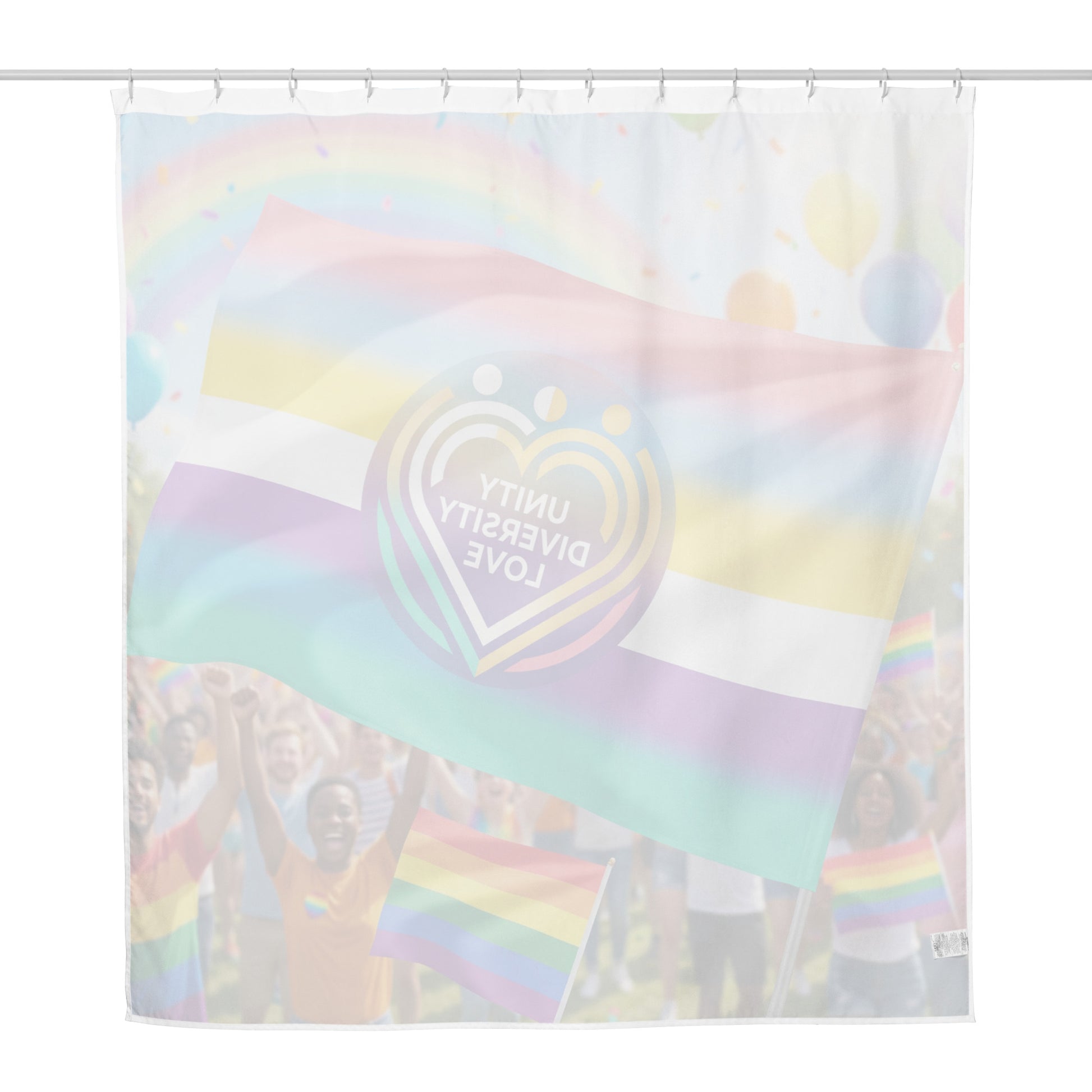 Unity Diversity Love shower curtain with rainbow stripes and Unity Diversity Love heart logo