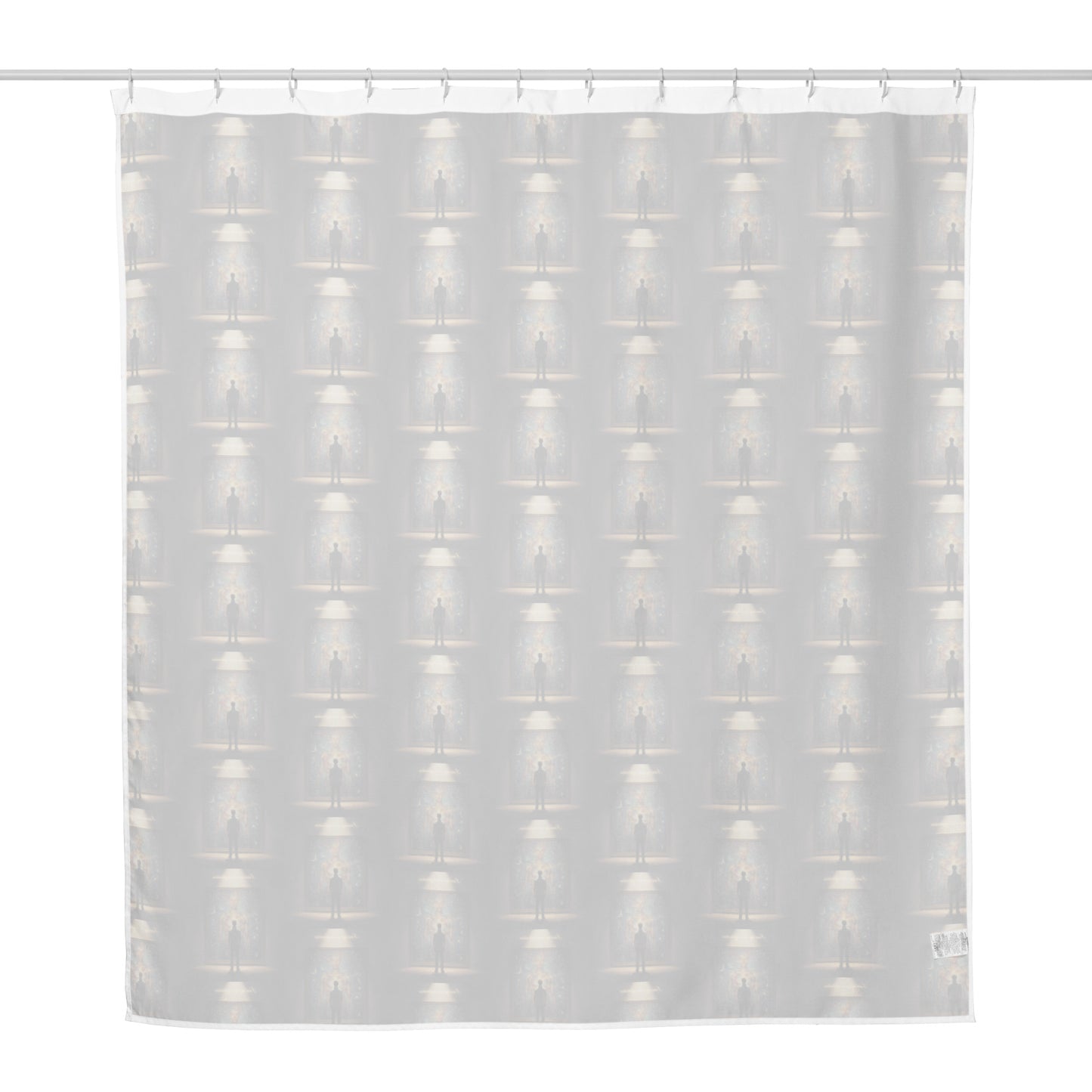 Shower curtain with light/white translucent background and faint repeating portrait-and-lamp pattern