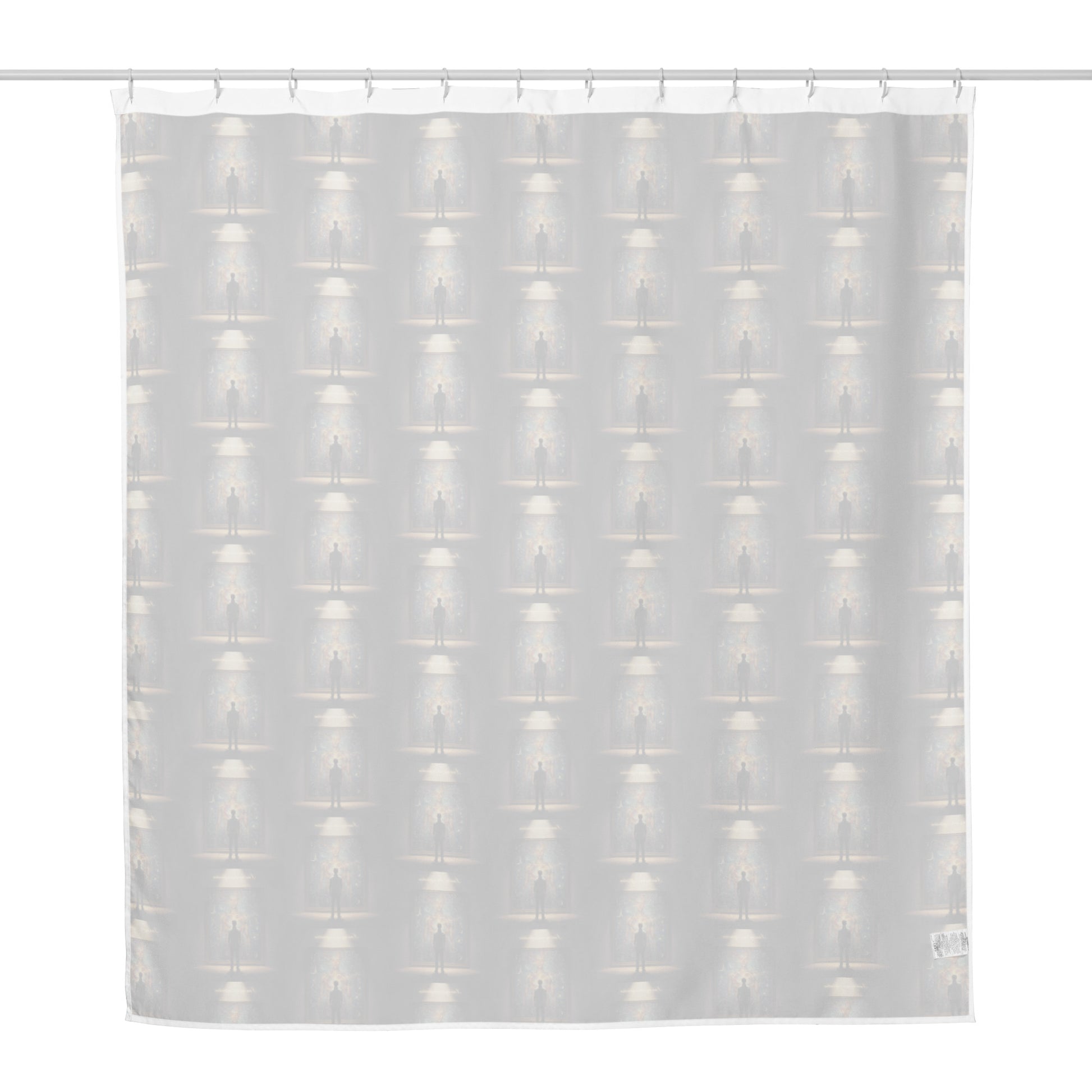 Shower curtain with light/white translucent background and faint repeating portrait-and-lamp pattern