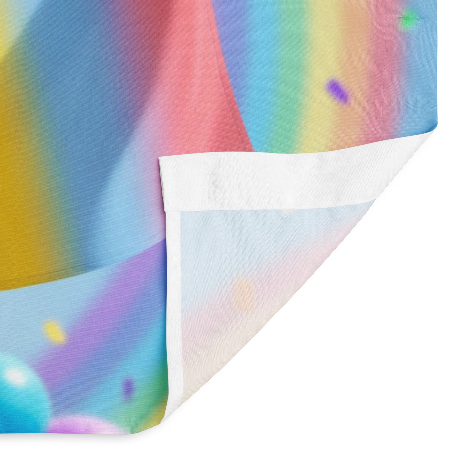 Unity Diversity Love shower curtain corner with white border and rainbow stripe print