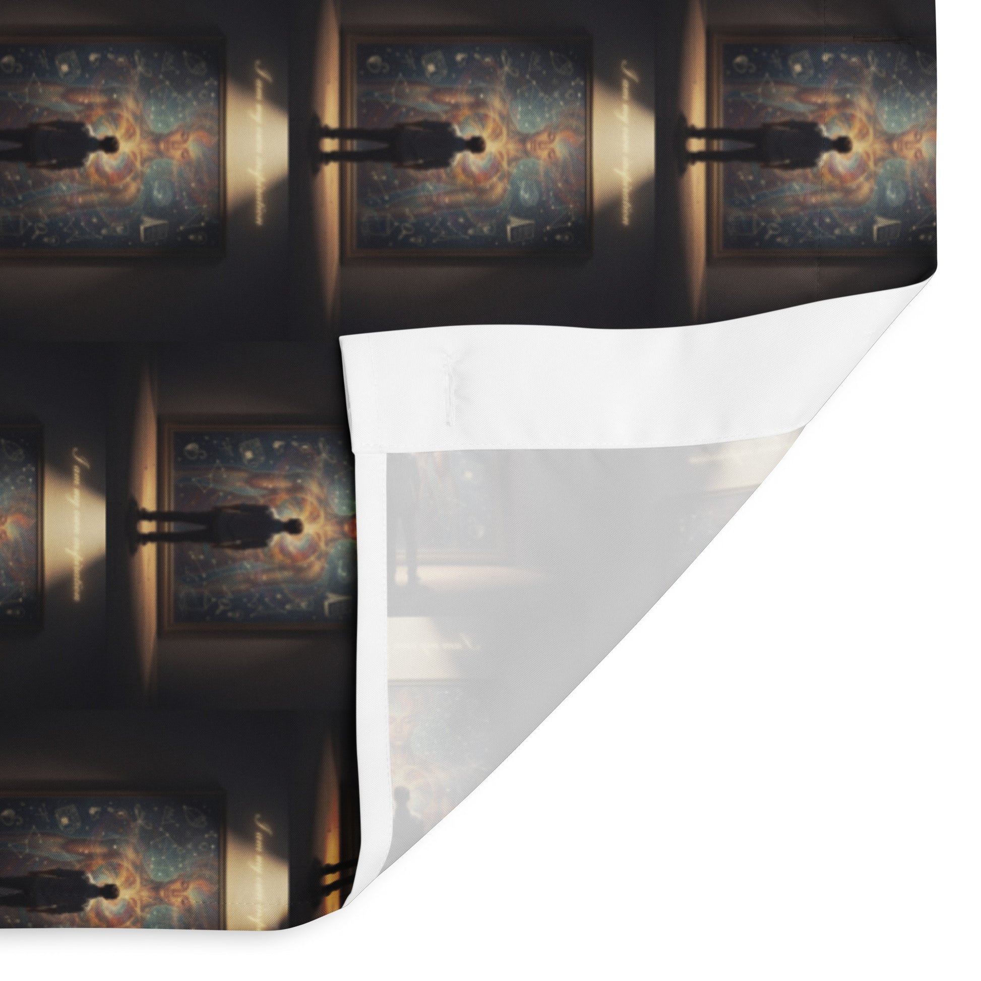 Shower curtain corner showing white backing with dark repeating portrait-and-lamp pattern