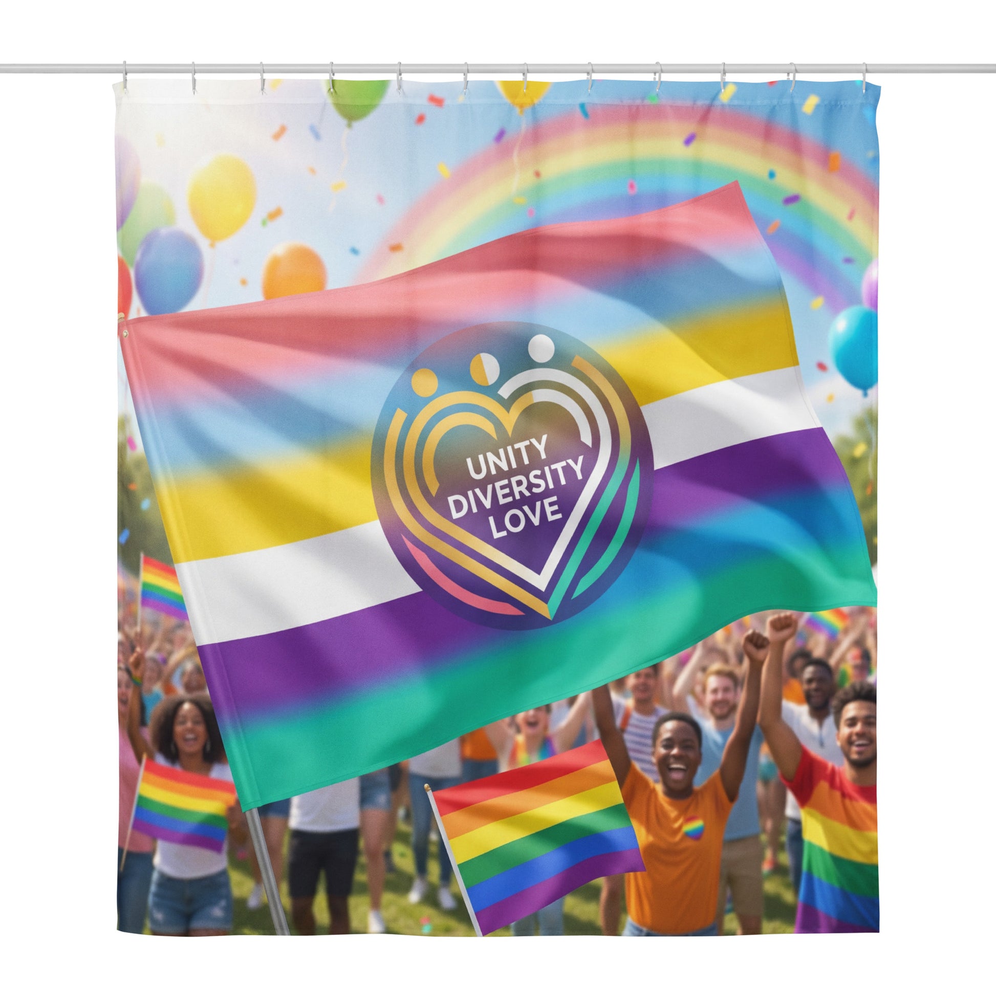 Unity Diversity Love shower curtain with rainbow flag stripes and centered heart logo