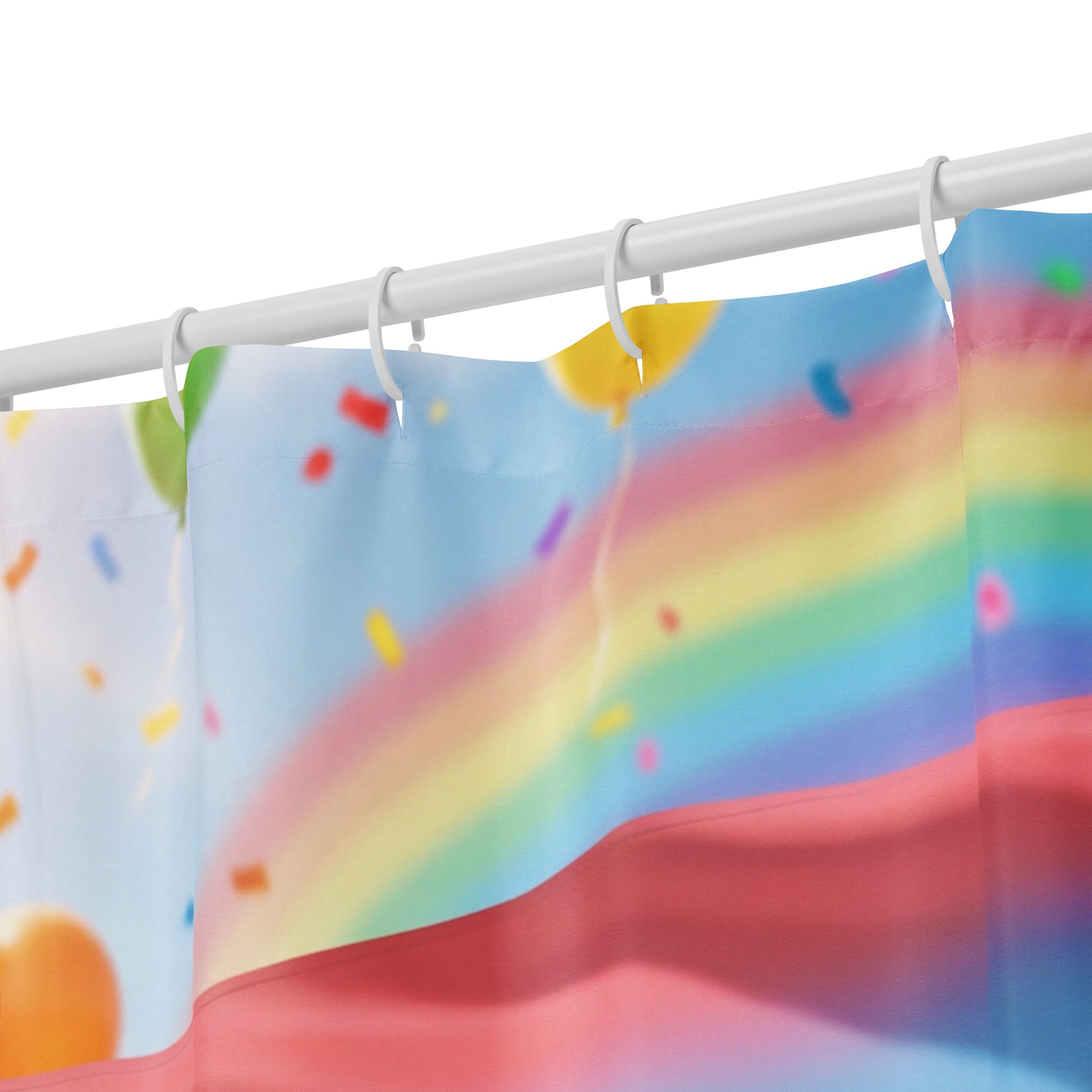 Unity Diversity Love shower curtain top with hanging rings and rainbow arc stripe print