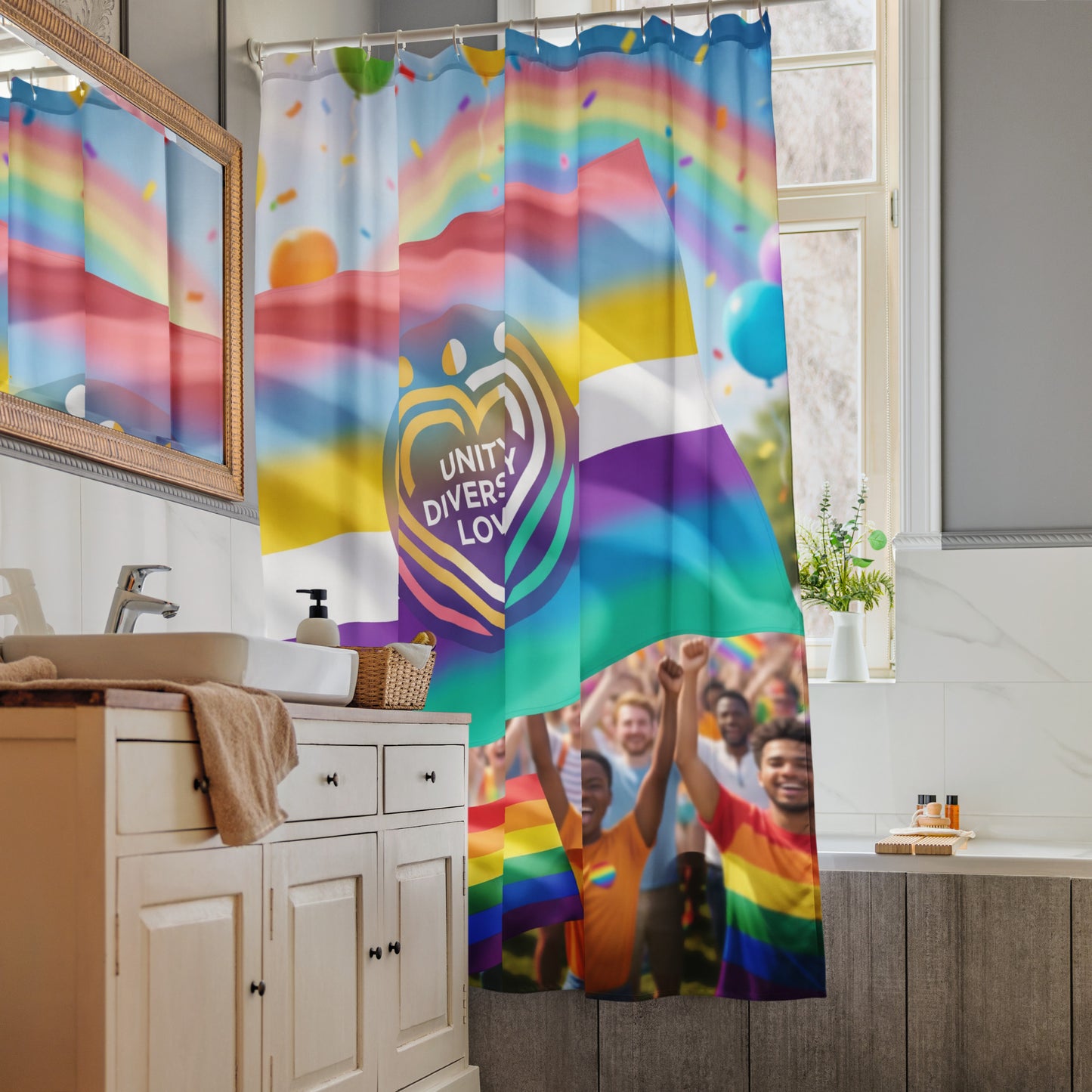 Unity Diversity Love shower curtain panel with rainbow flag design and heart logo