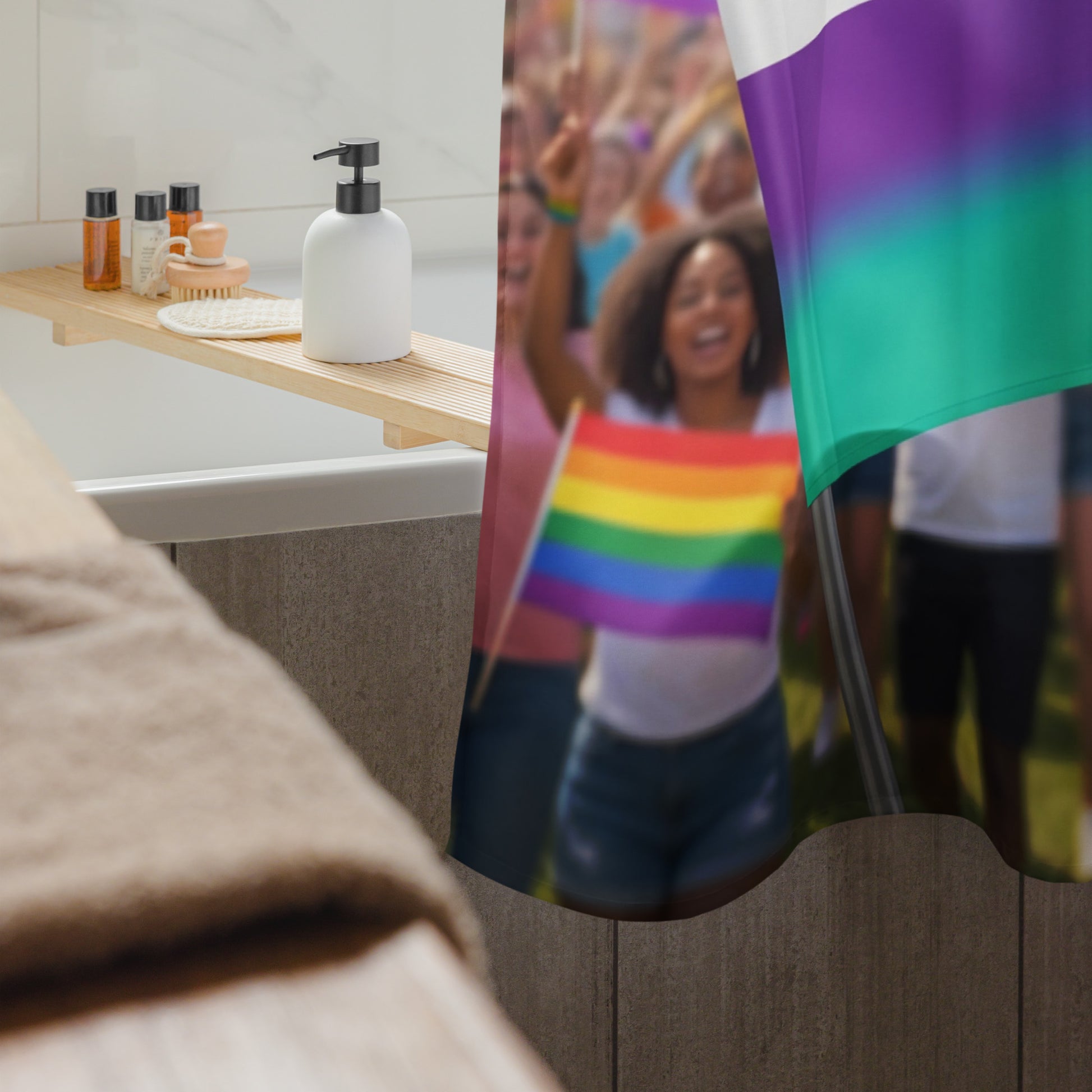 Unity Diversity Love shower curtain hem with rainbow design and partial Unity heart logo